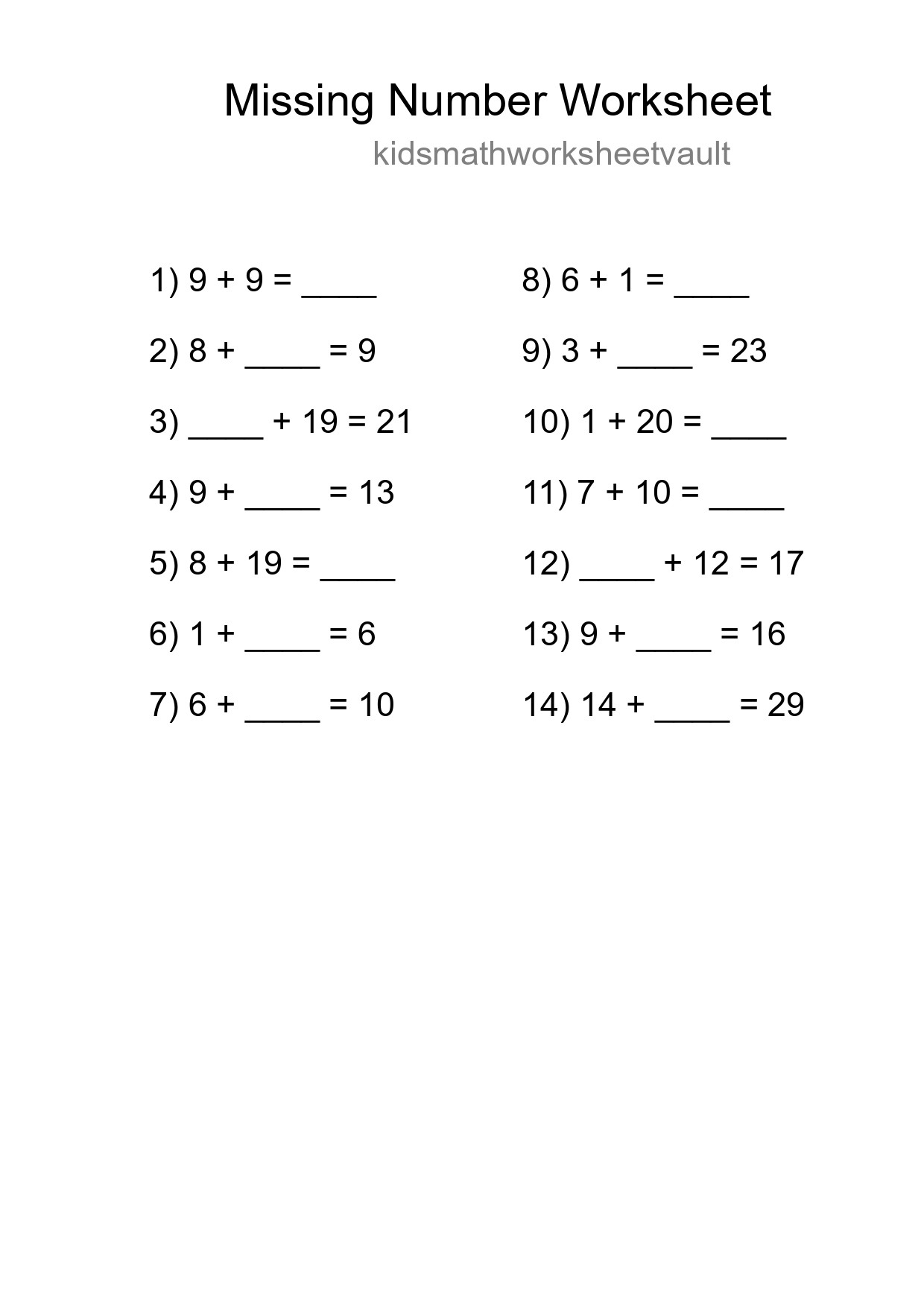 Missing Number Math Worksheet