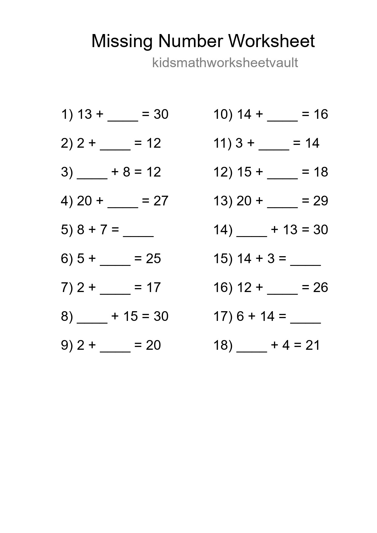 Missing Number Math Worksheet