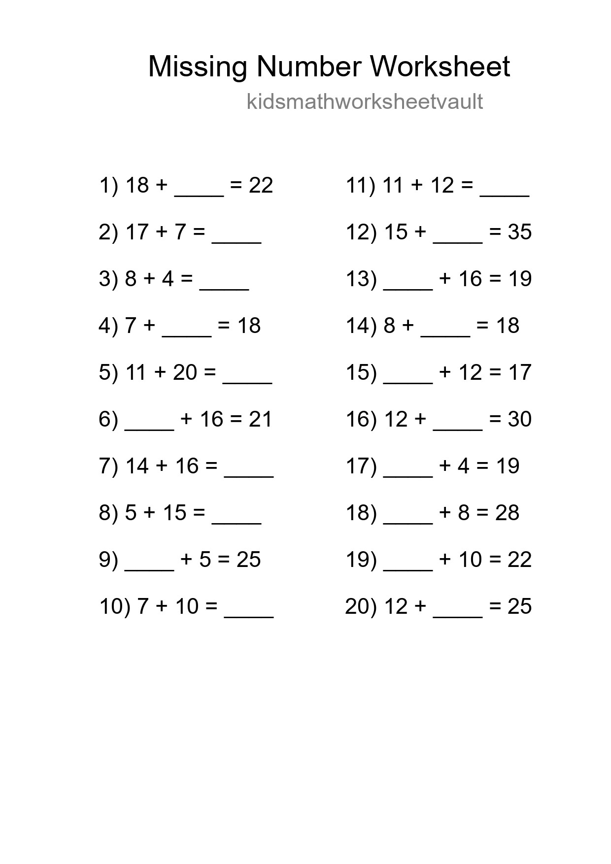 Missing Number Math Worksheet