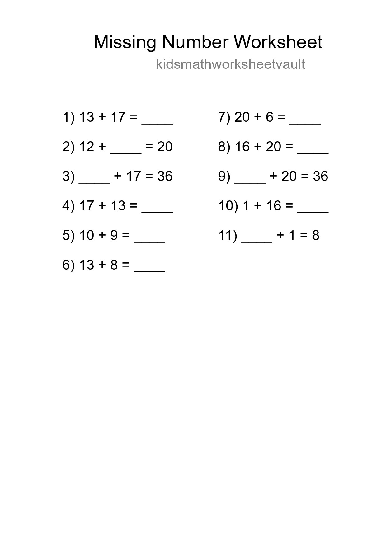 Missing Number Math Worksheet