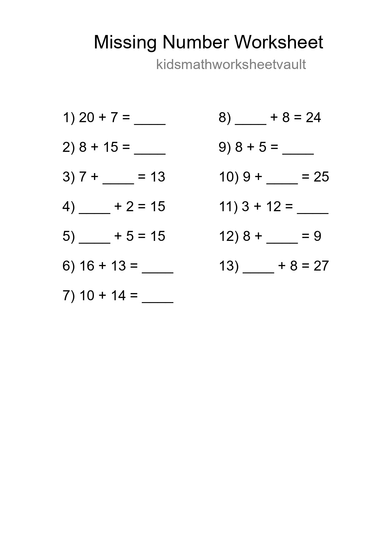 Missing Number Math Worksheet