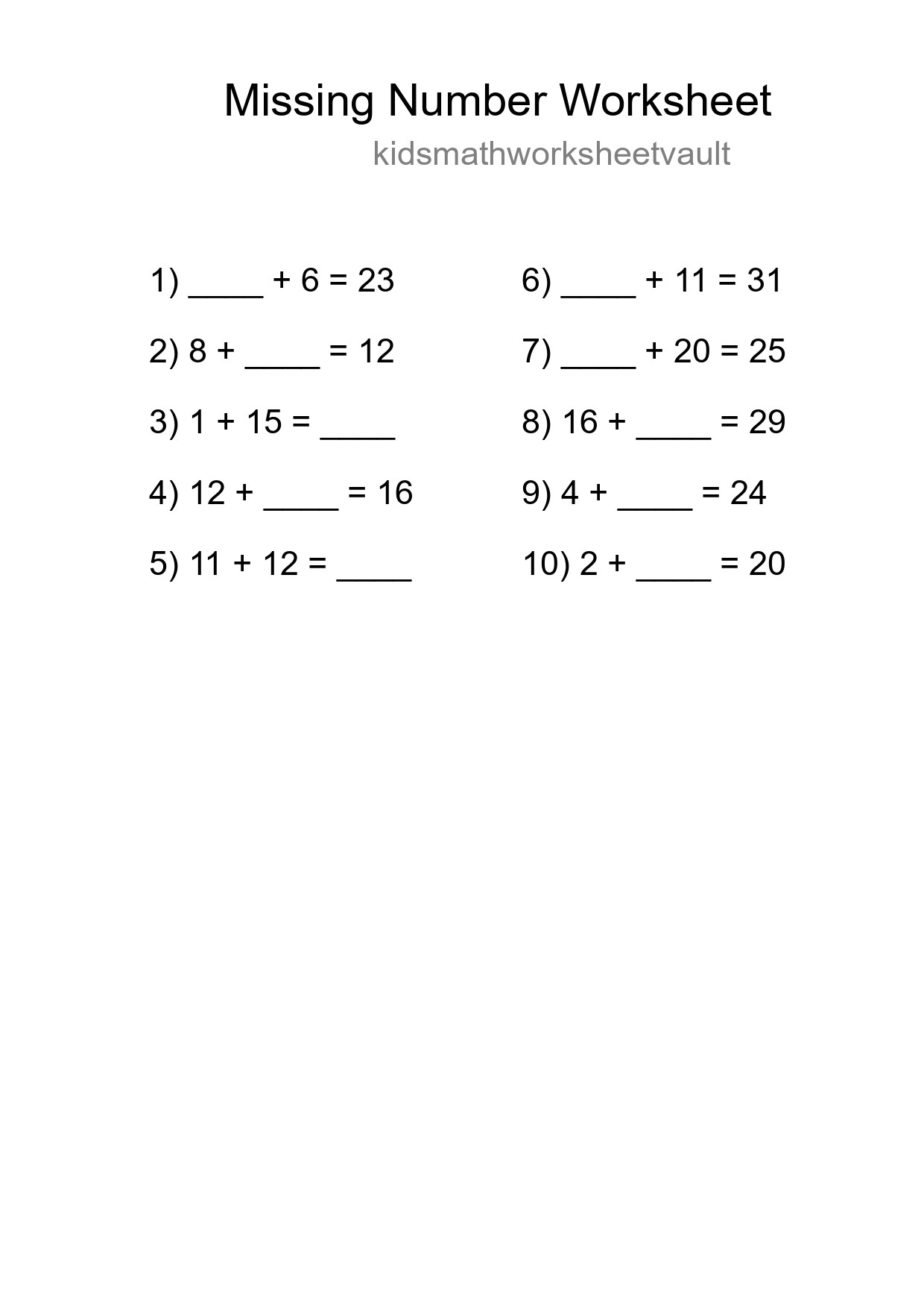 Missing Number Math Worksheet