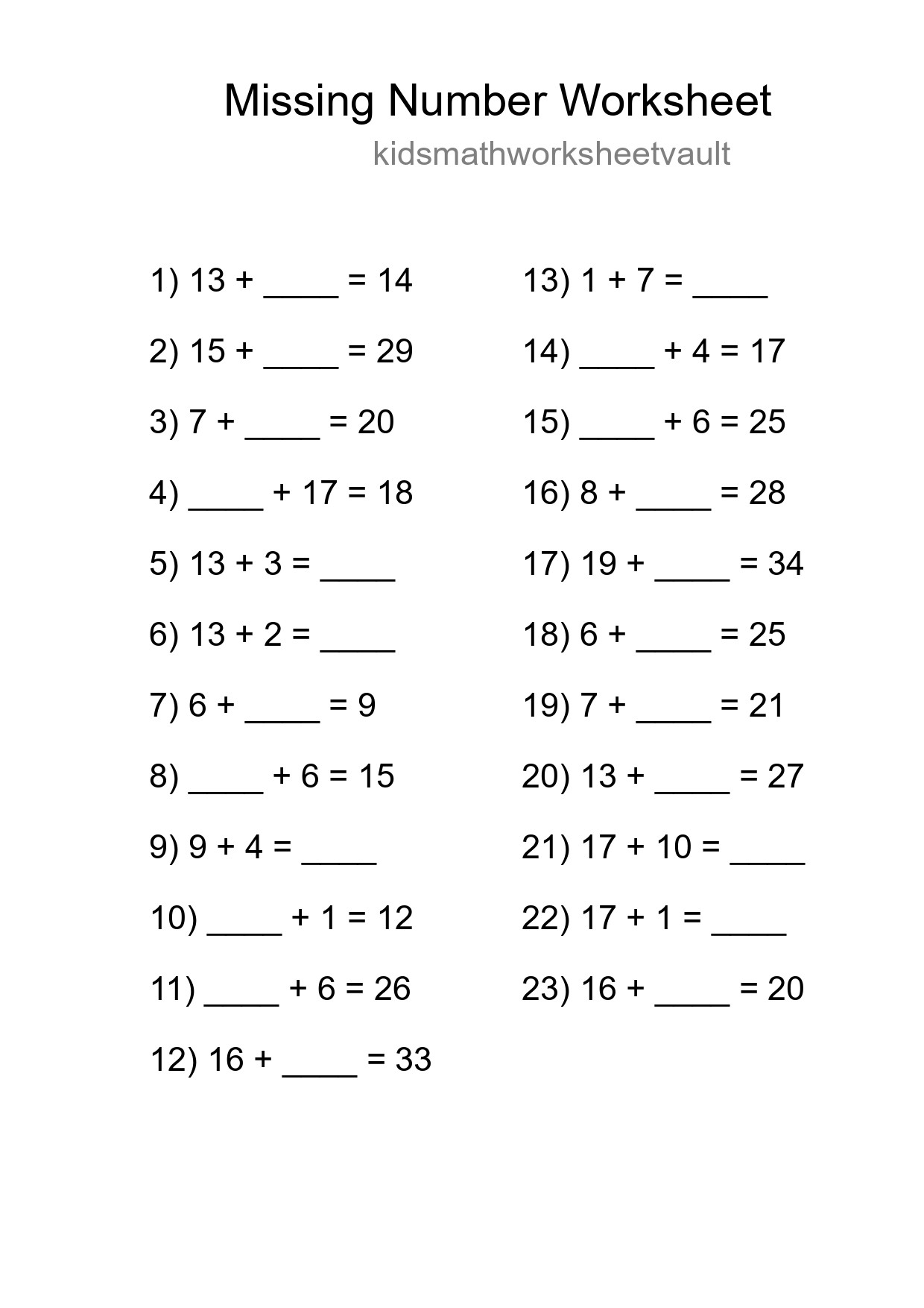 Missing Number Math Worksheet