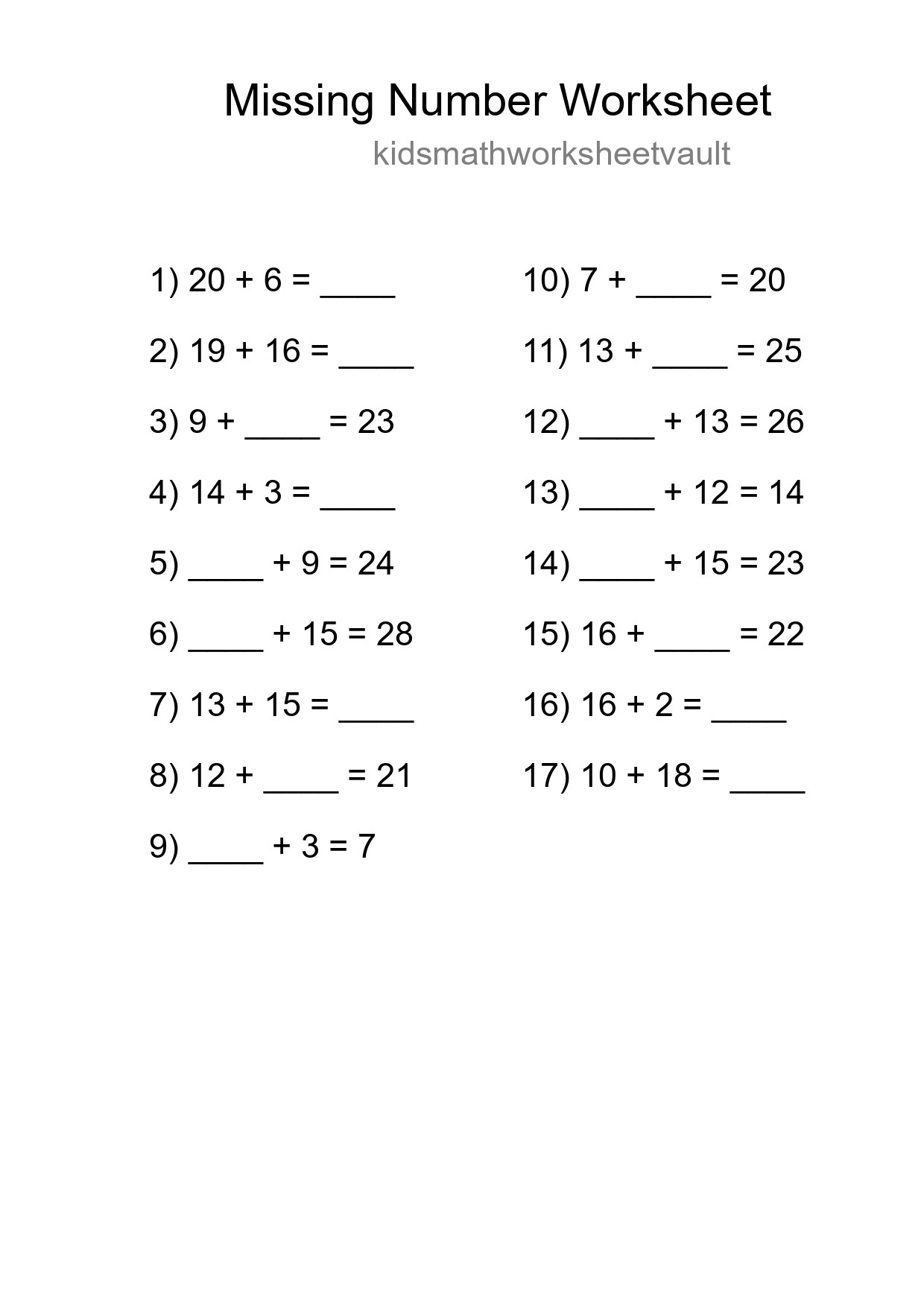Missing Number Math Worksheet