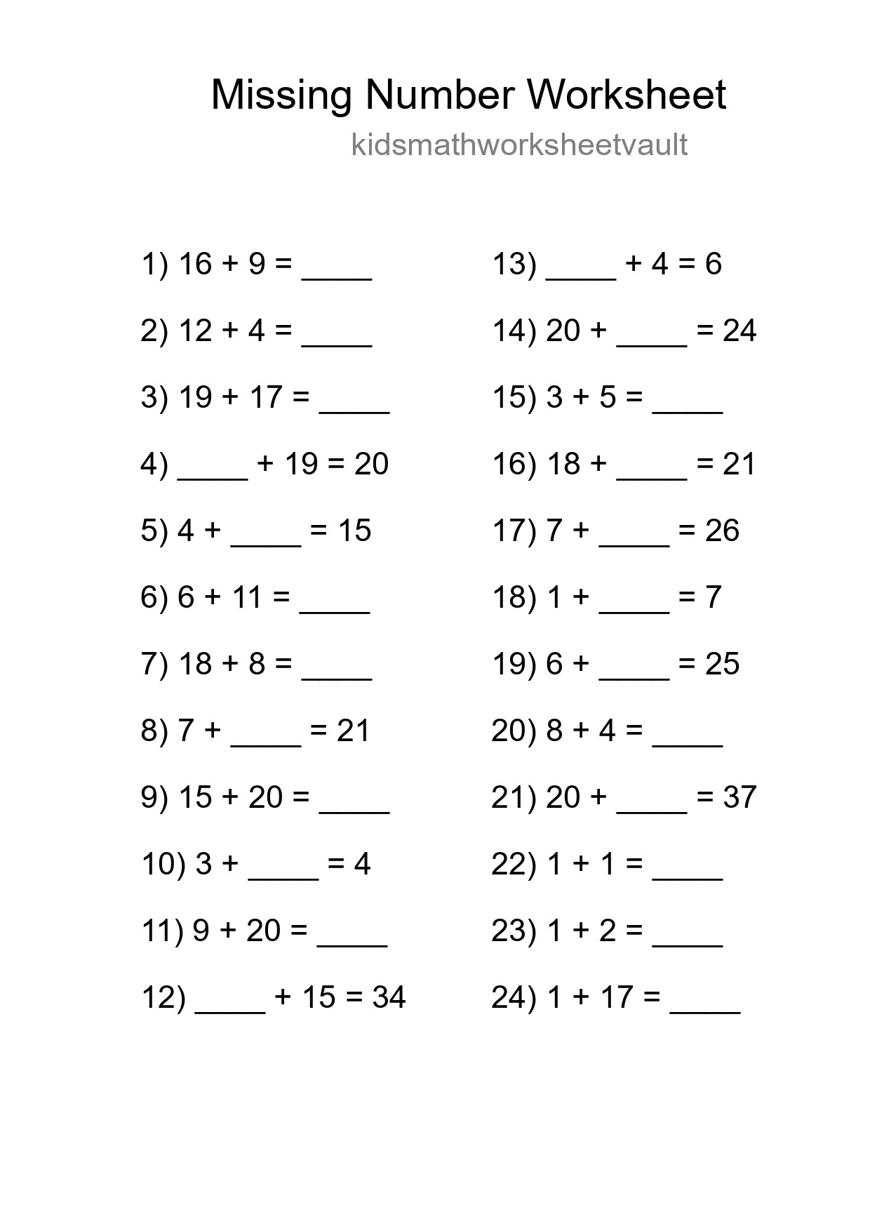 Missing Number Math Worksheet