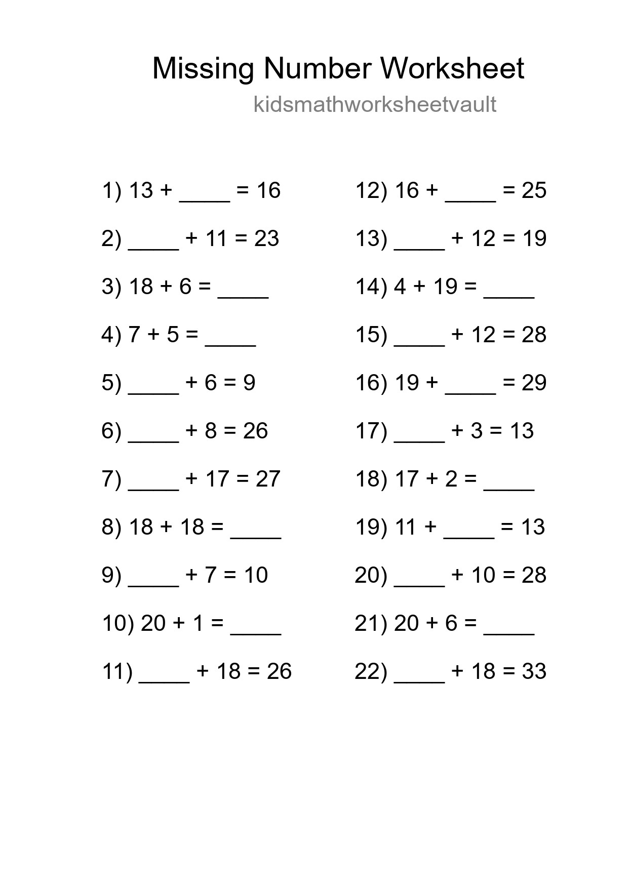 Missing Number Math Worksheet