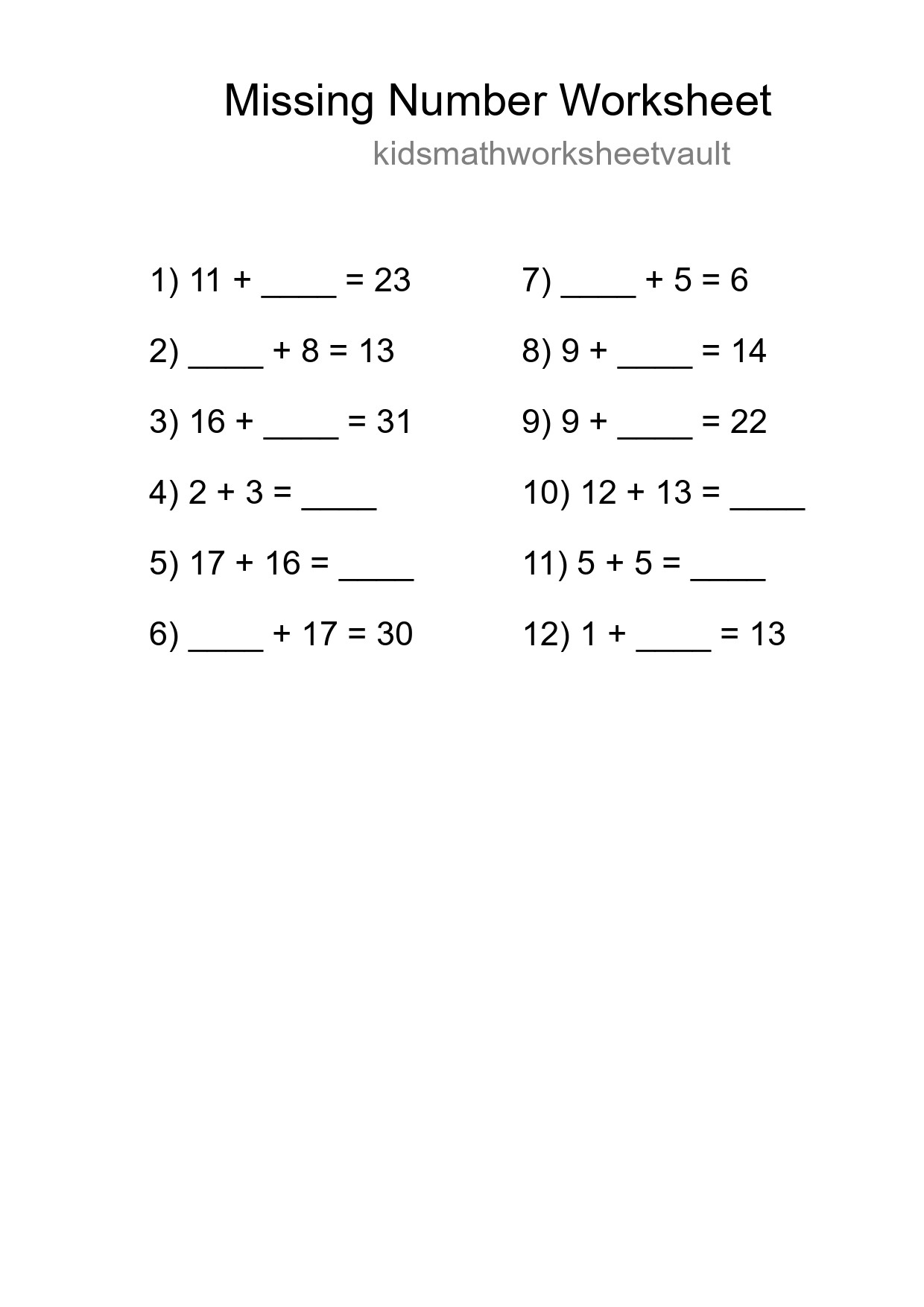 Missing Number Math Worksheet