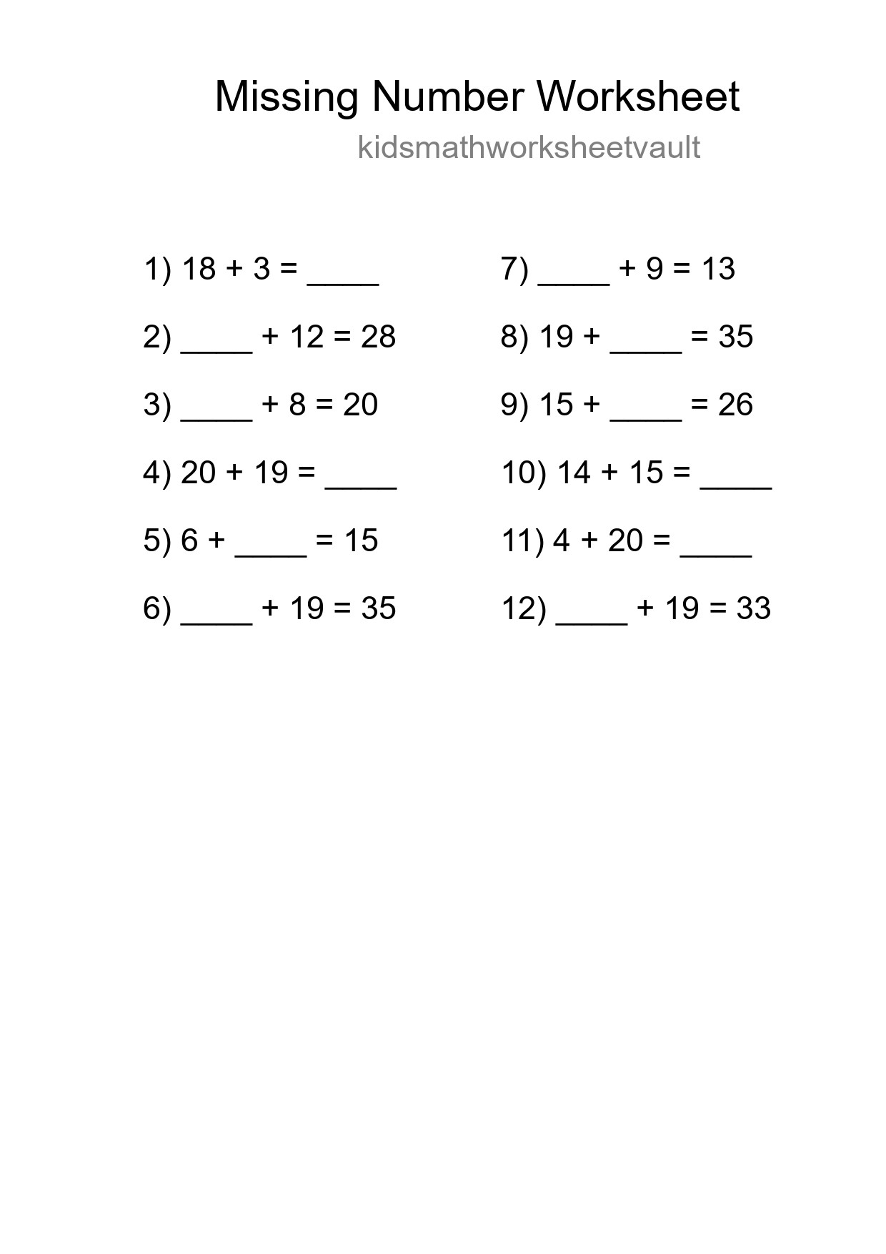 Missing Number Math Worksheet