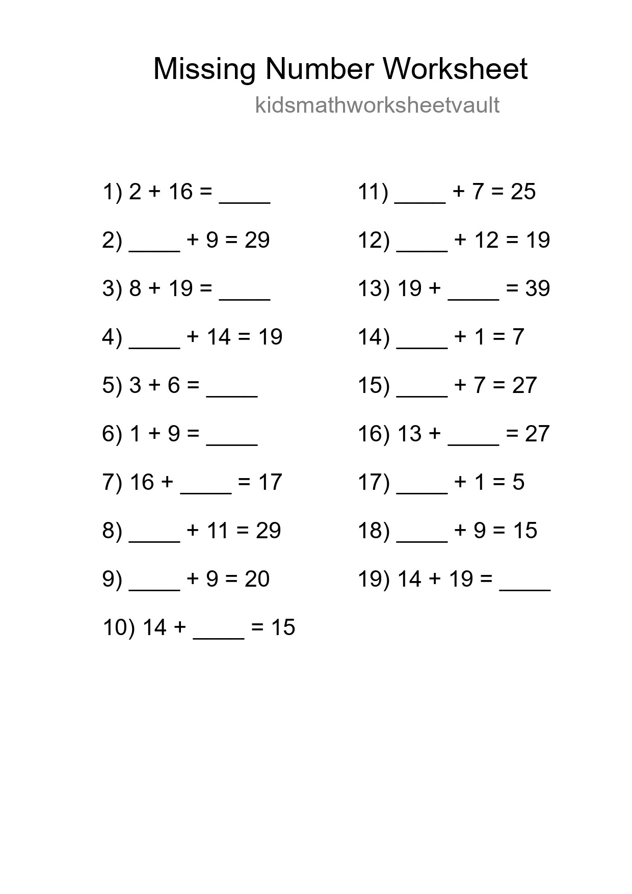 Missing Number Math Worksheet