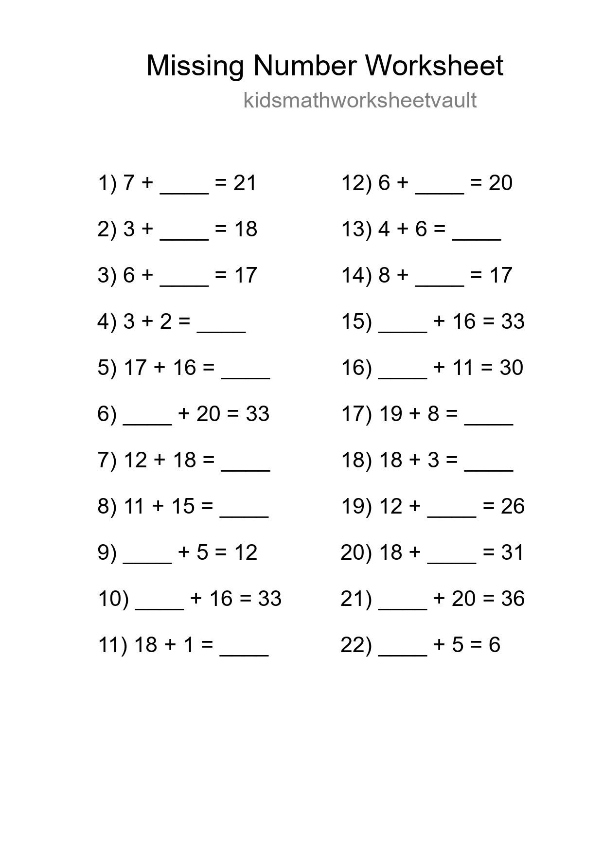 Missing Number Math Worksheet