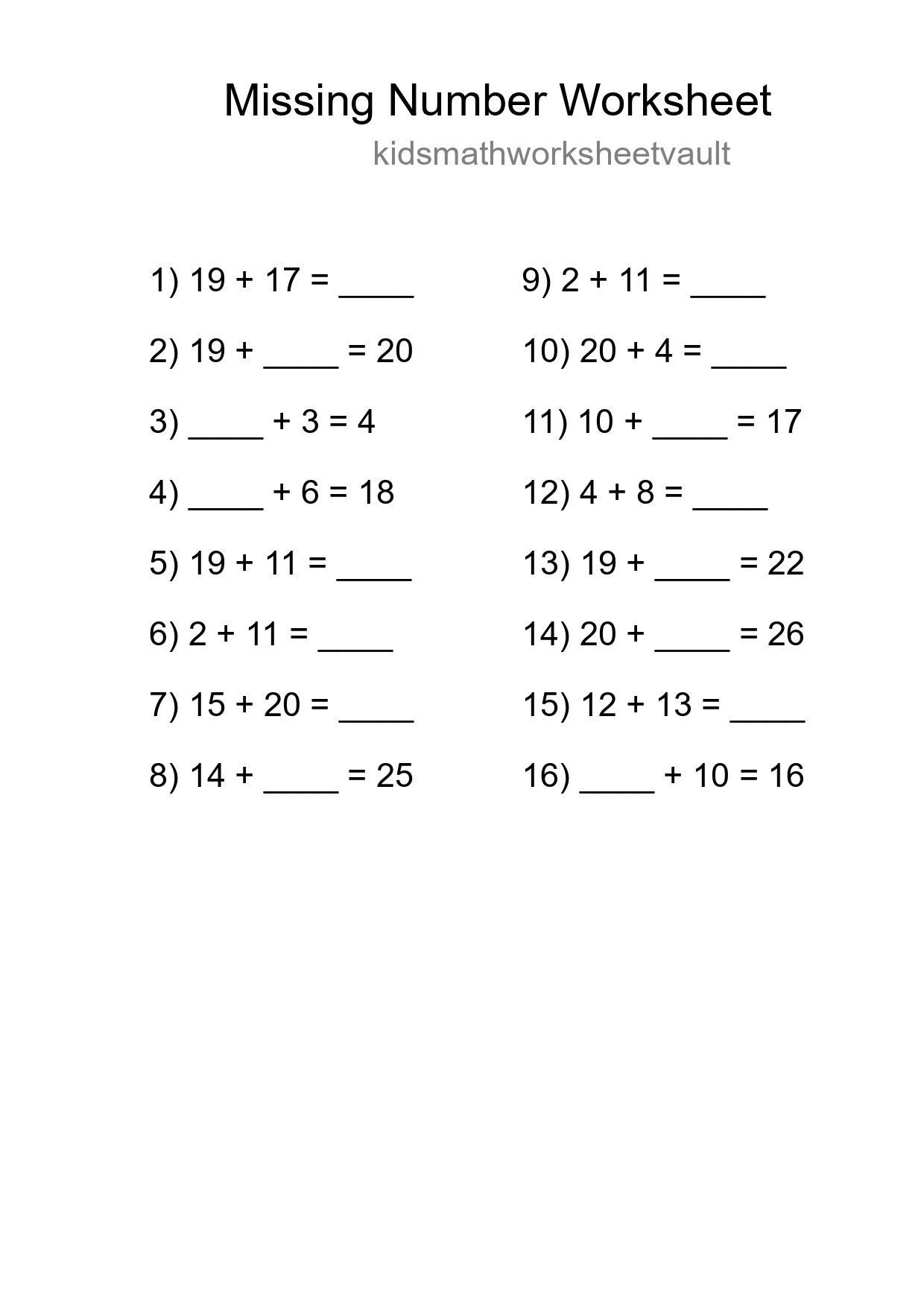 Missing Number Math Worksheet