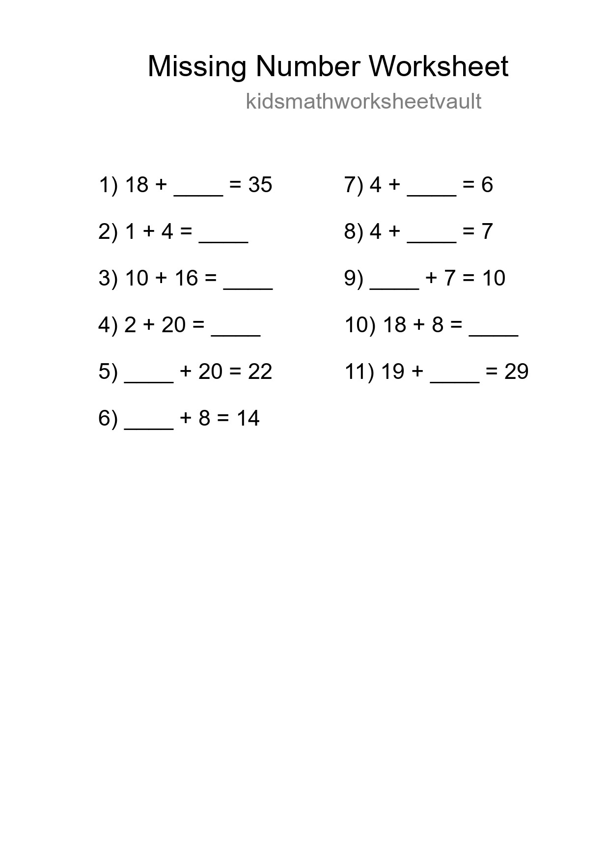 Missing Number Math Worksheet
