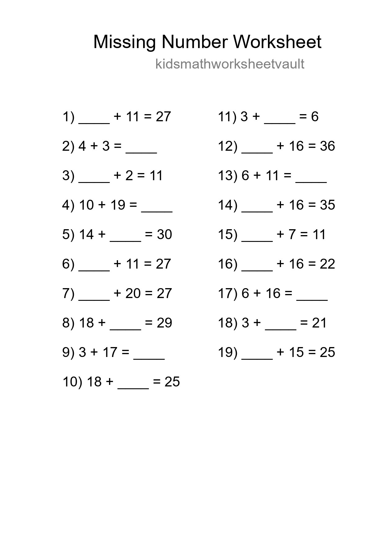 Missing Number Math Worksheet