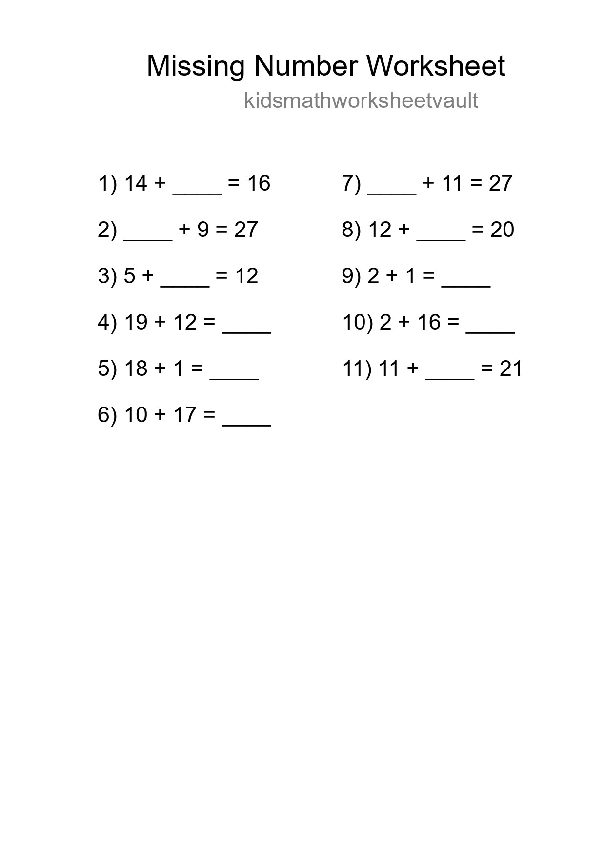 Missing Number Math Worksheet
