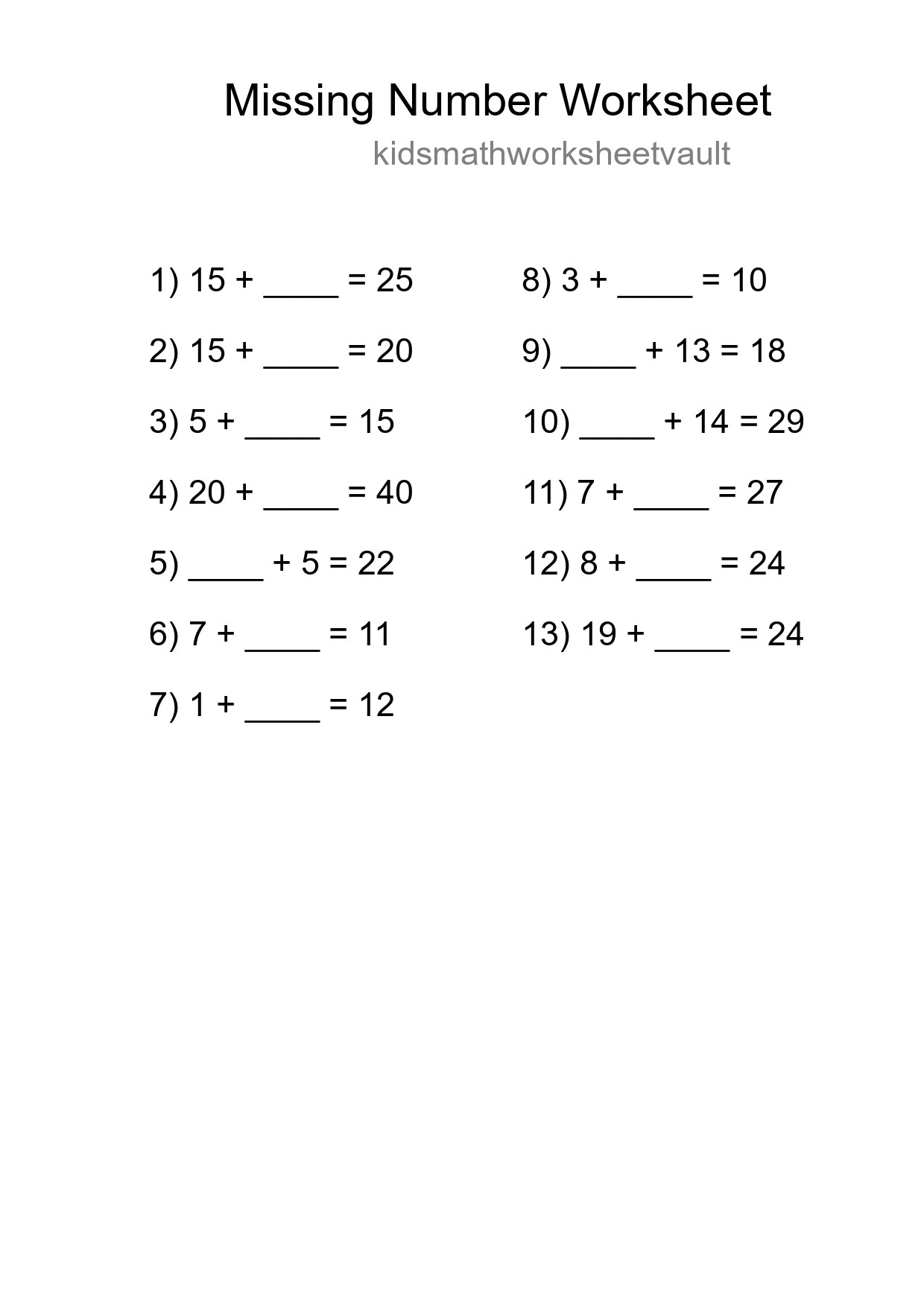 Missing Number Math Worksheet
