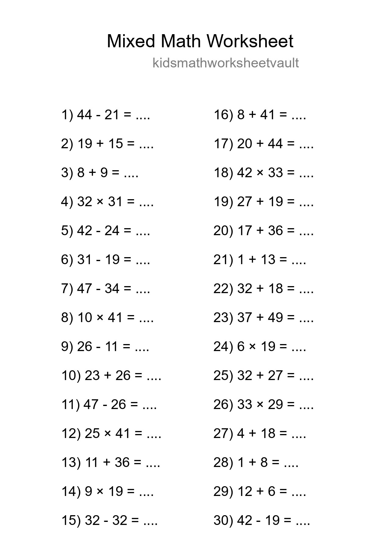 Mixed Operations Math Worksheet