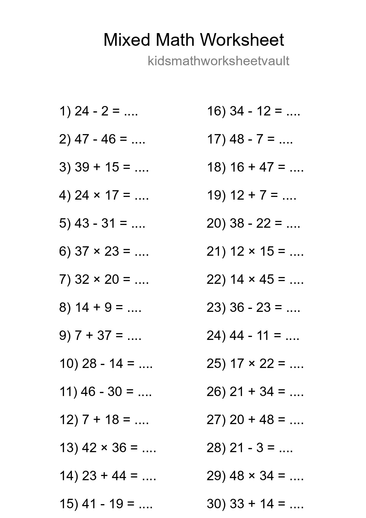 Mixed Operations Math Worksheet