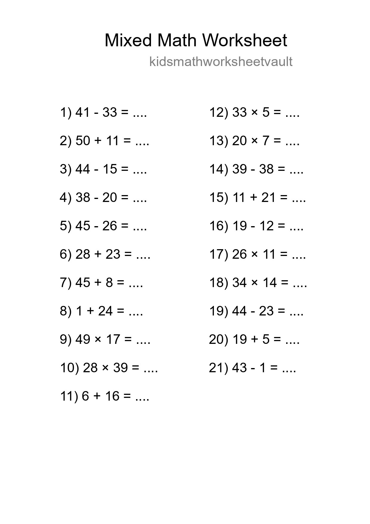 Mixed Operations Math Worksheet