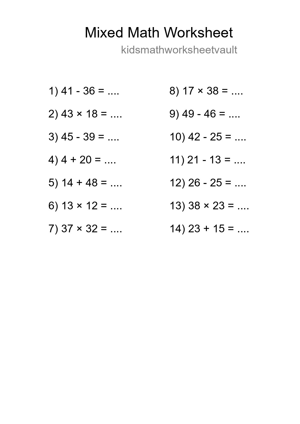 Mixed Operations Math Worksheet