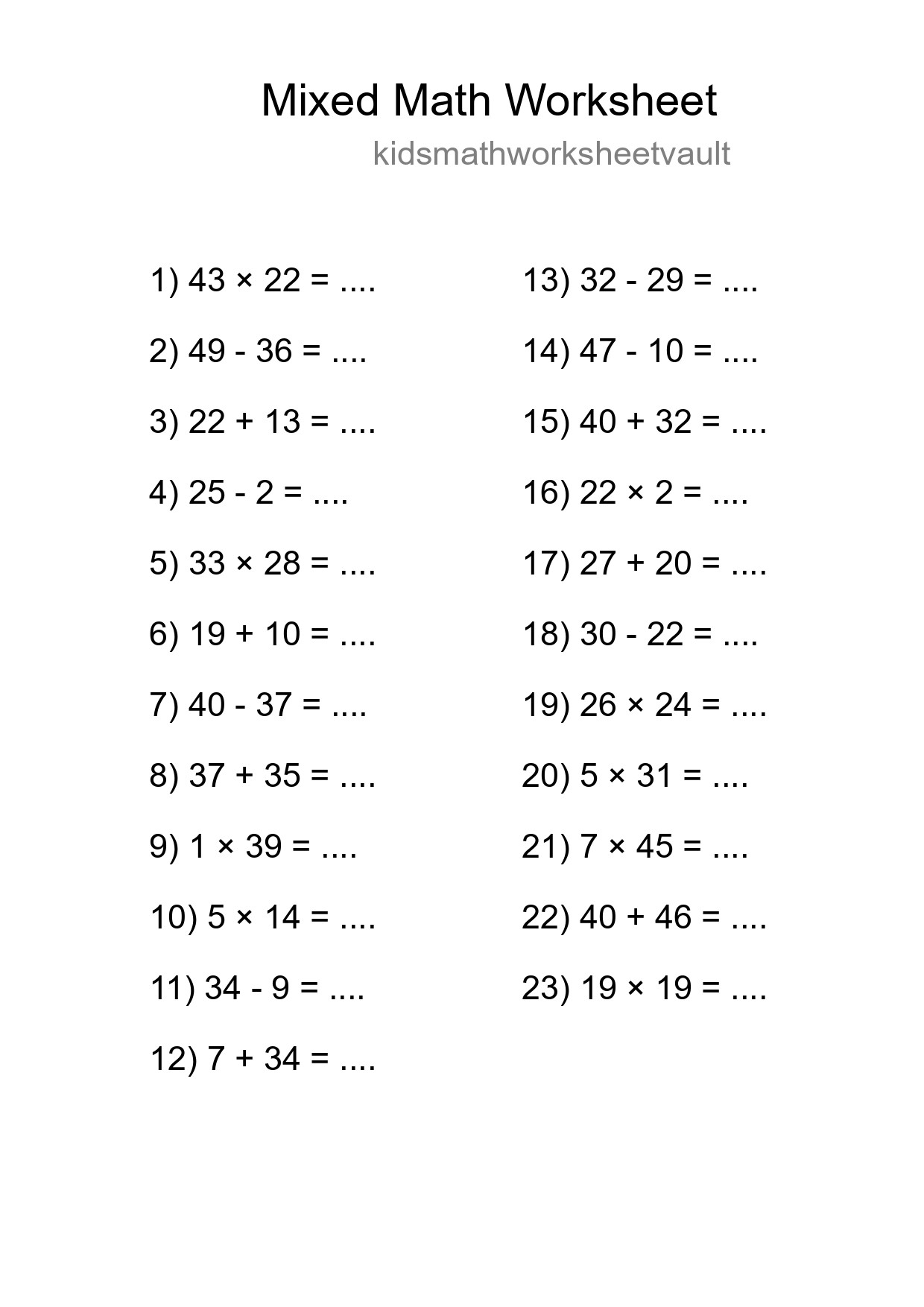 Mixed Operations Math Worksheet