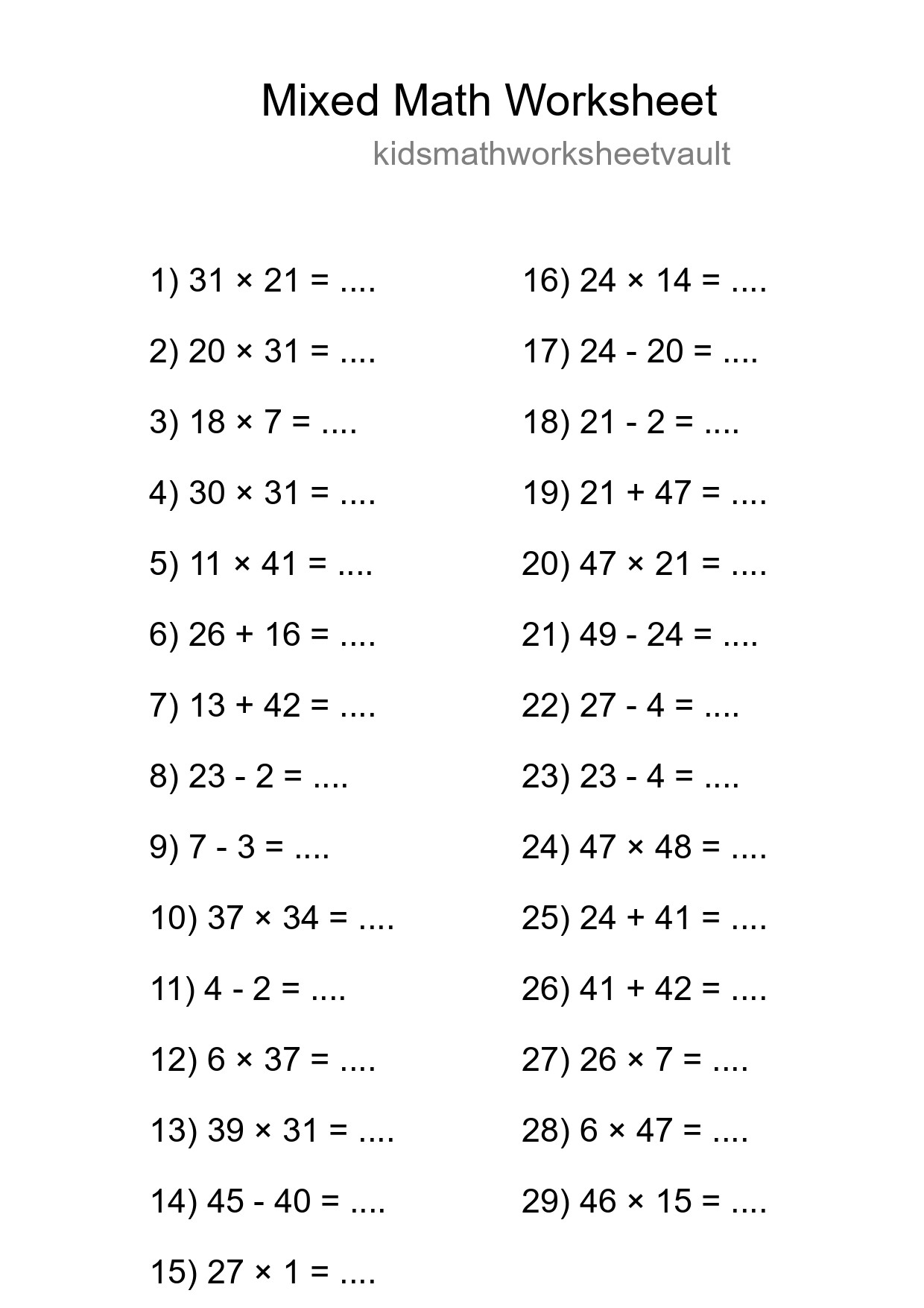Mixed Operations Math Worksheet