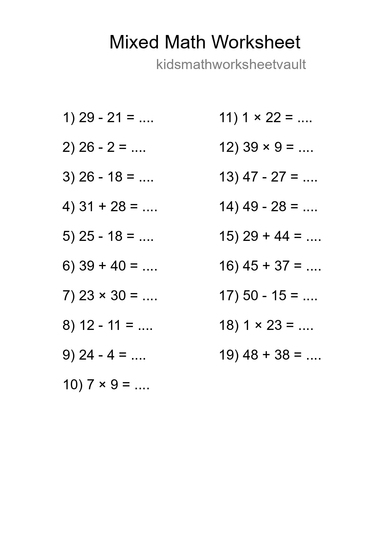 Mixed Operations Math Worksheet