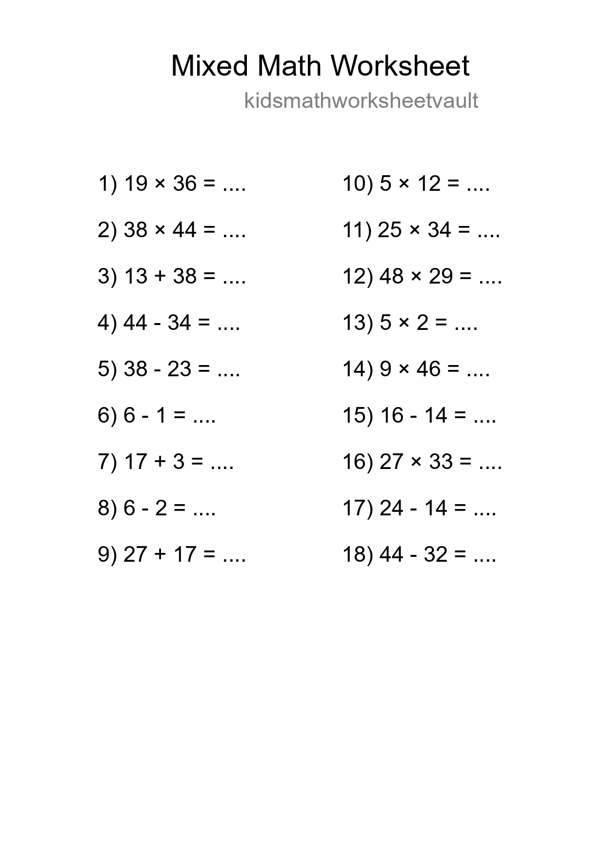 Mixed Operations Math Worksheet