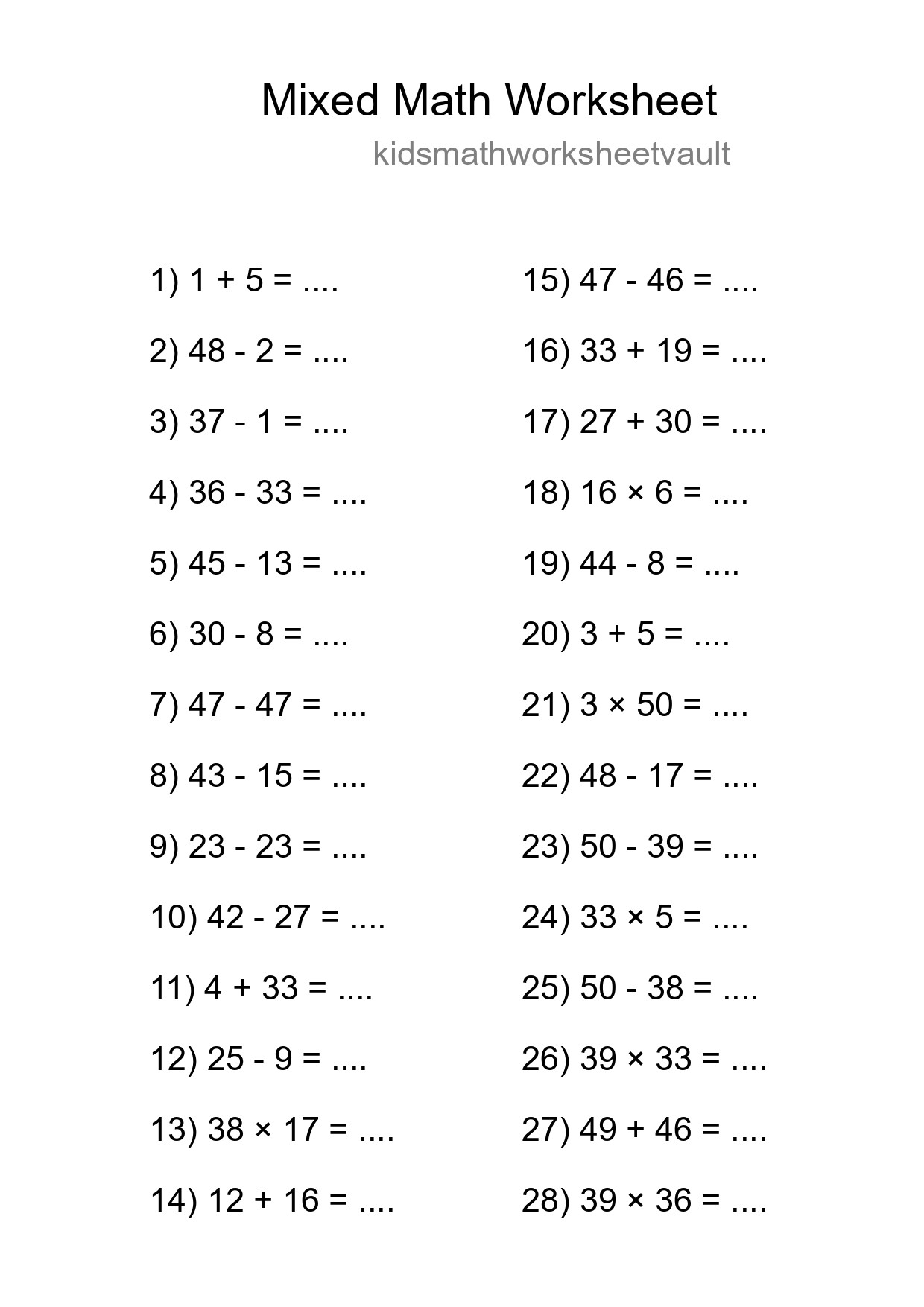 Mixed Operations Math Worksheet