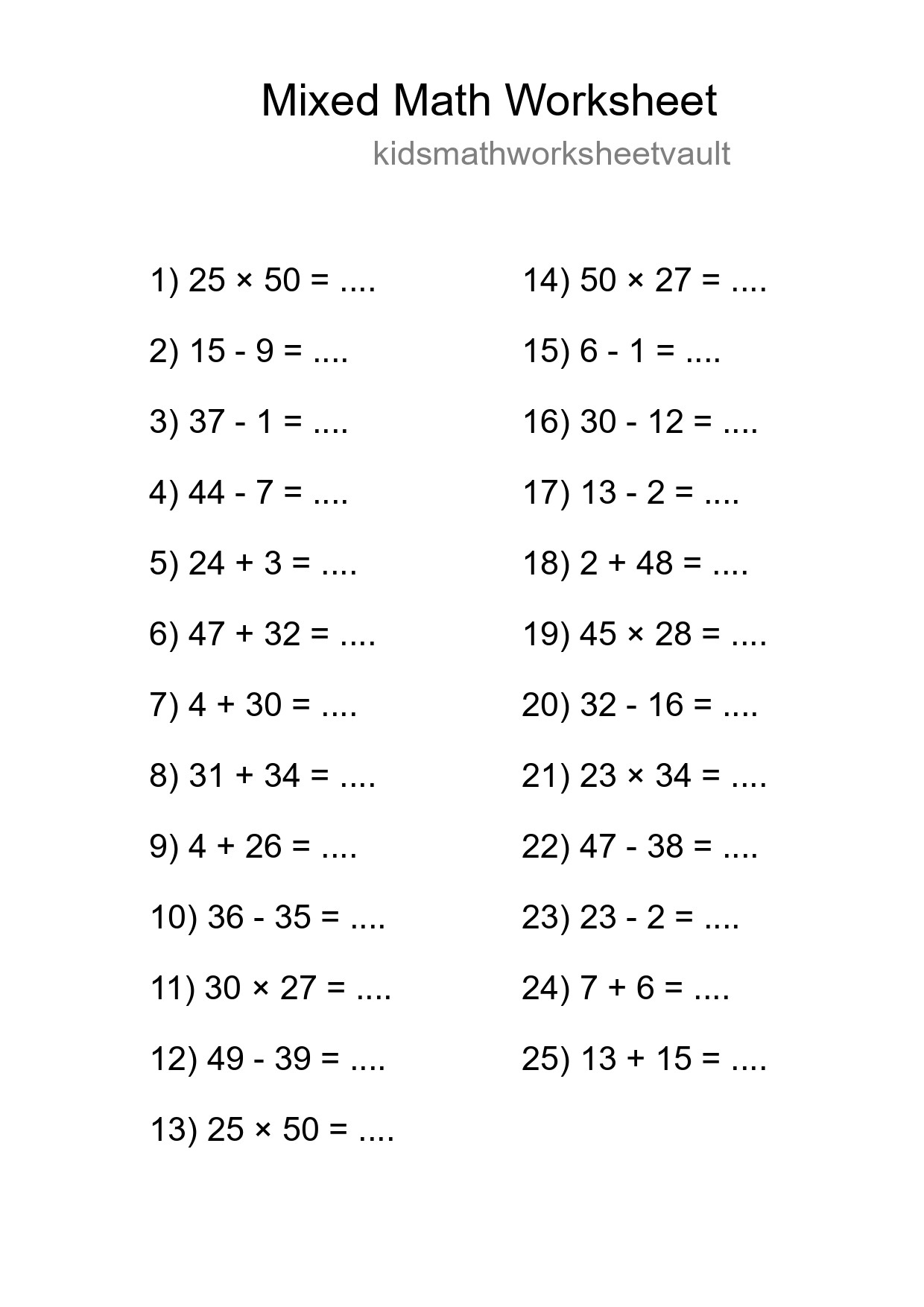 Mixed Operations Math Worksheet