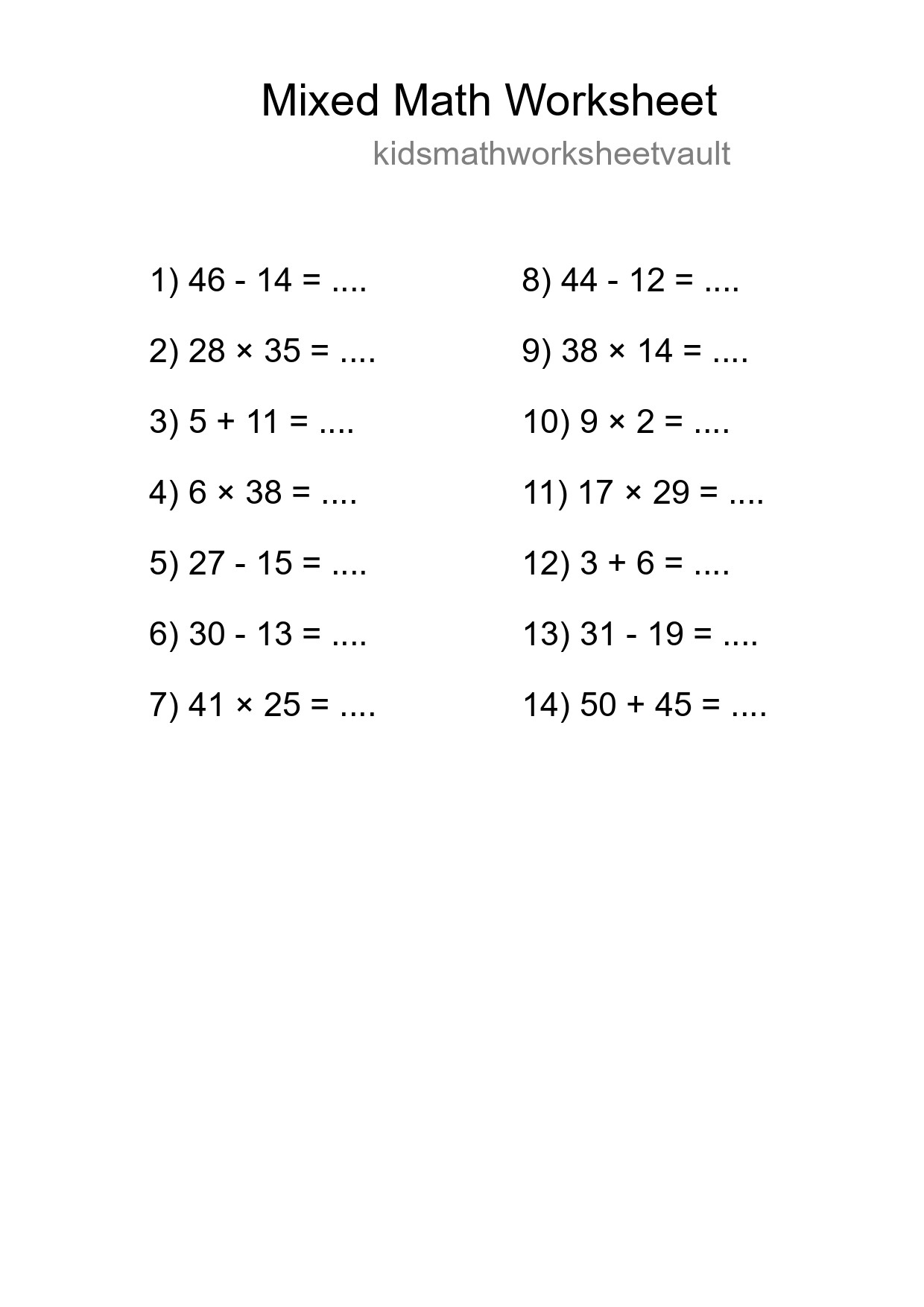 Mixed Operations Math Worksheet