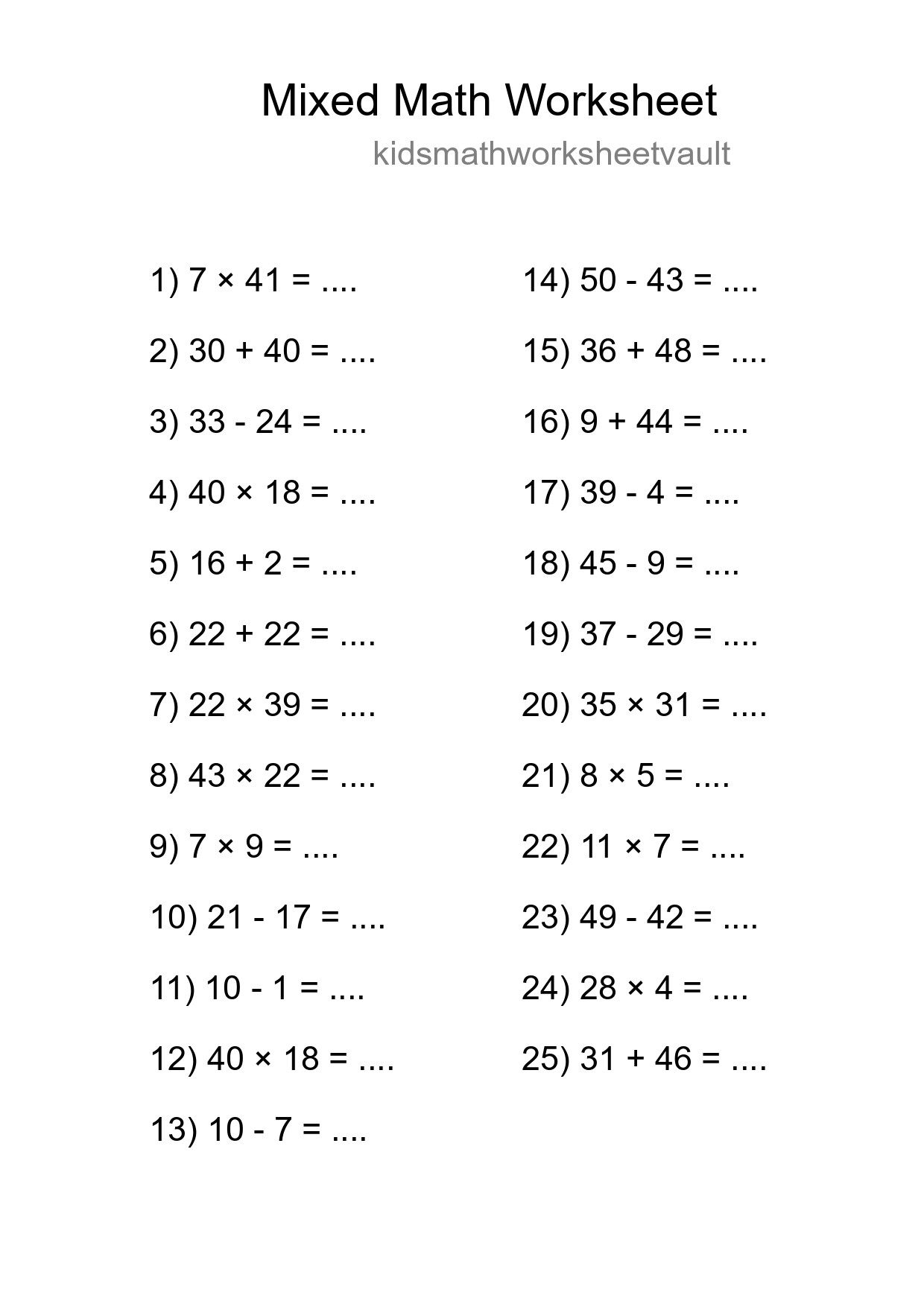Mixed Operations Math Worksheet