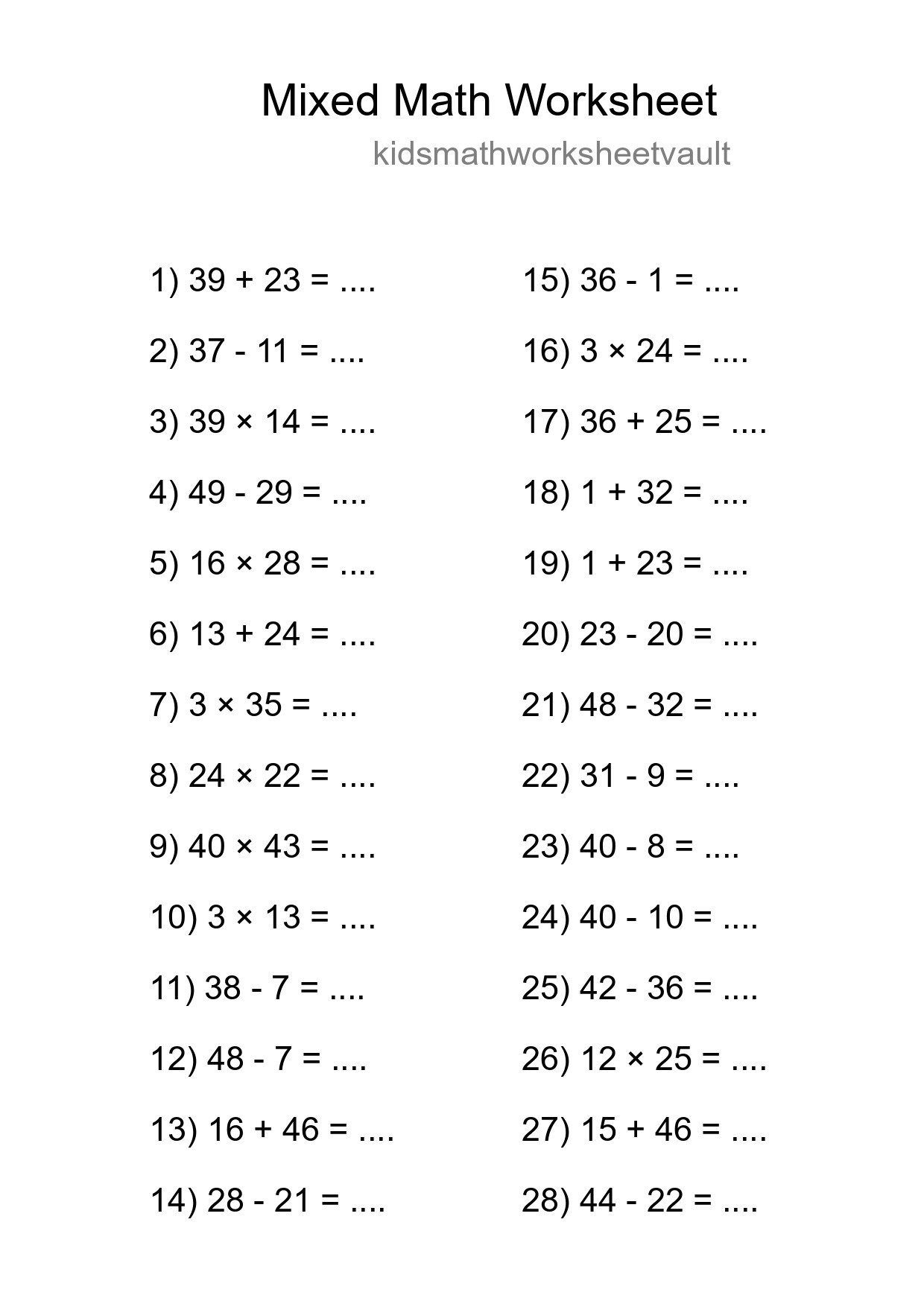 Mixed Operations Math Worksheet