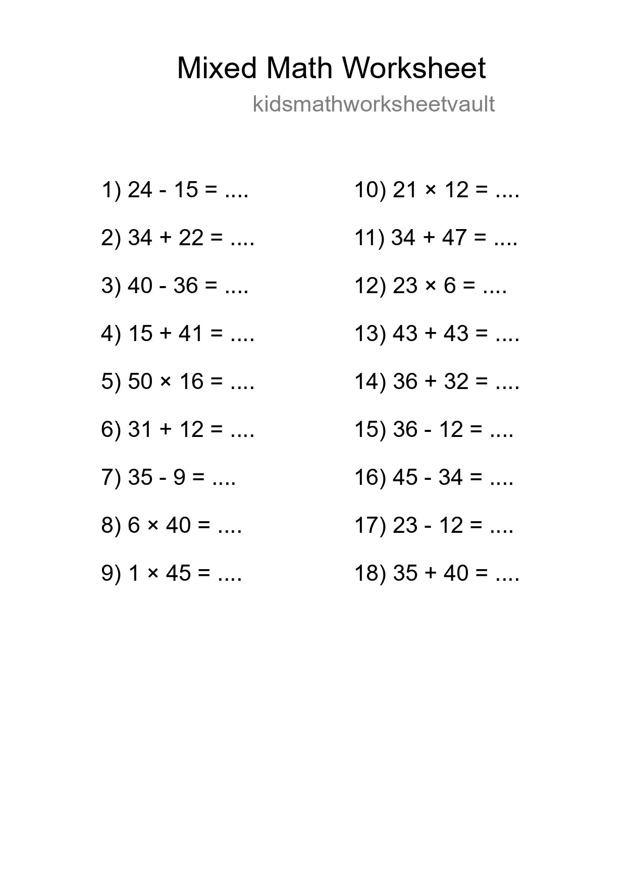 Mixed Operations Math Worksheet