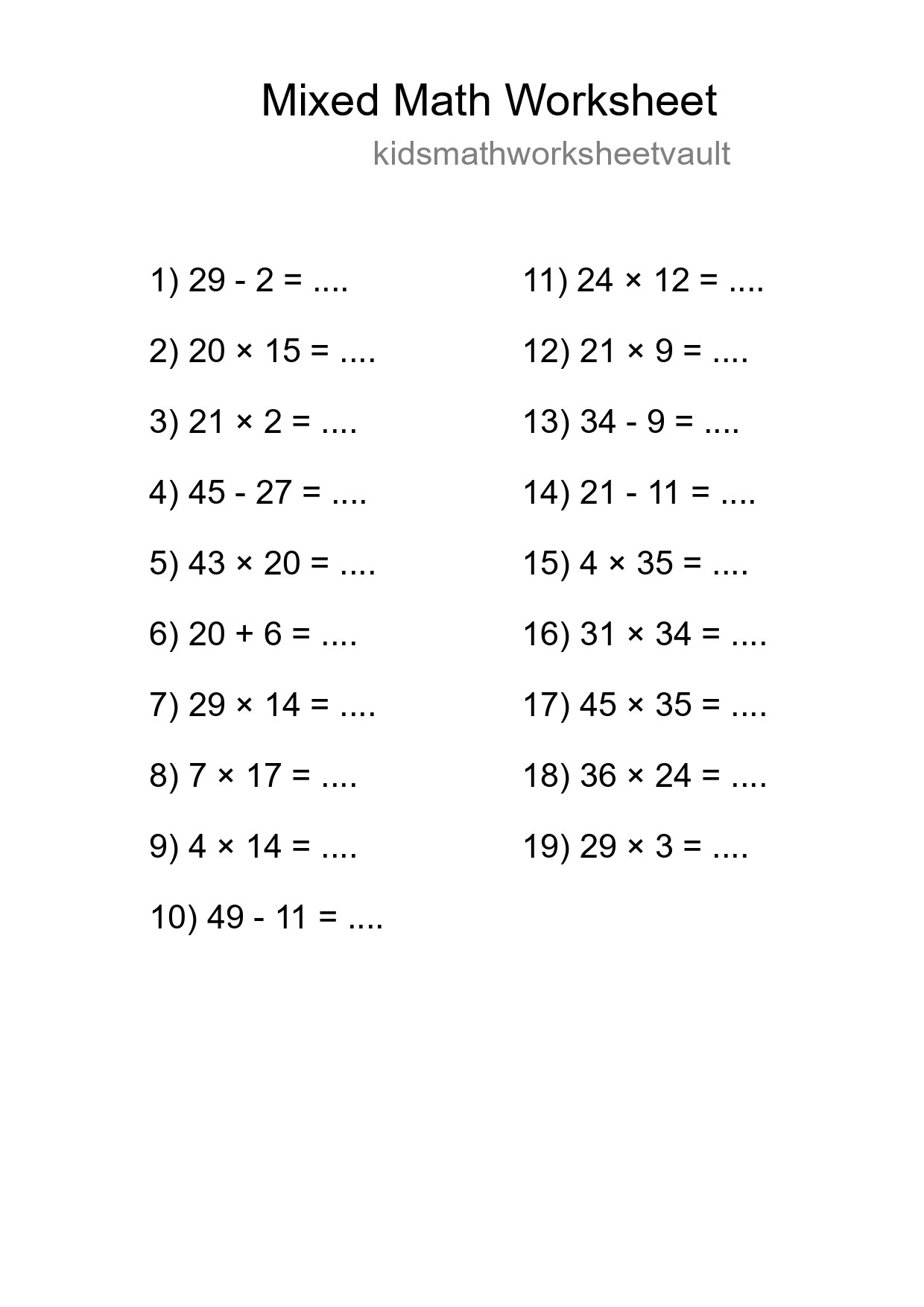 Mixed Operations Math Worksheet