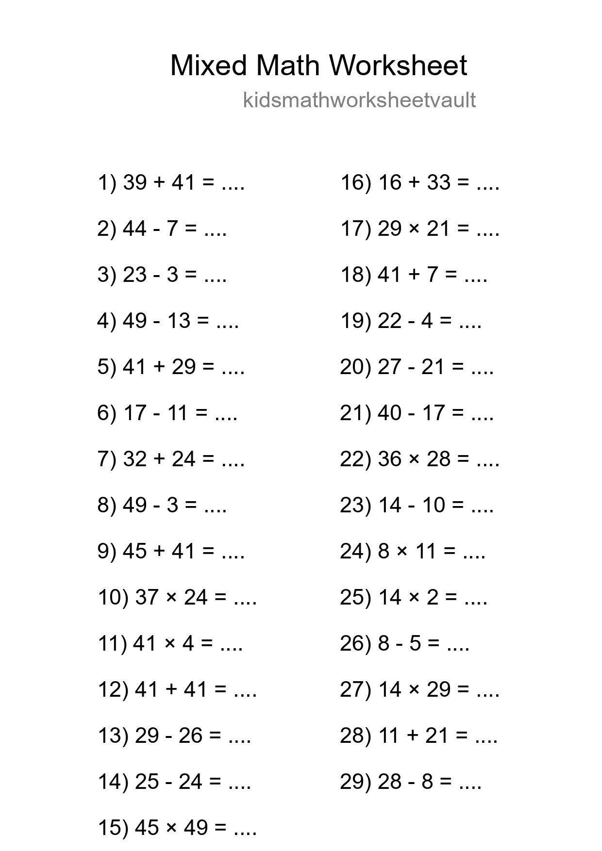 Mixed Operations Math Worksheet