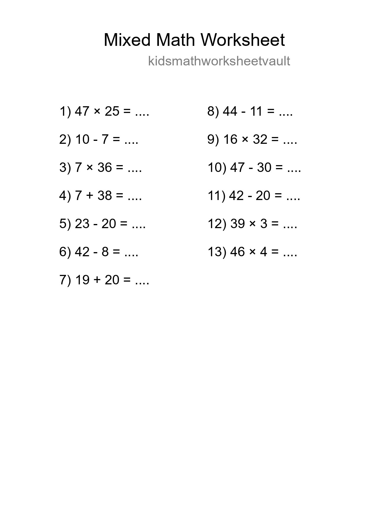 Mixed Operations Math Worksheet