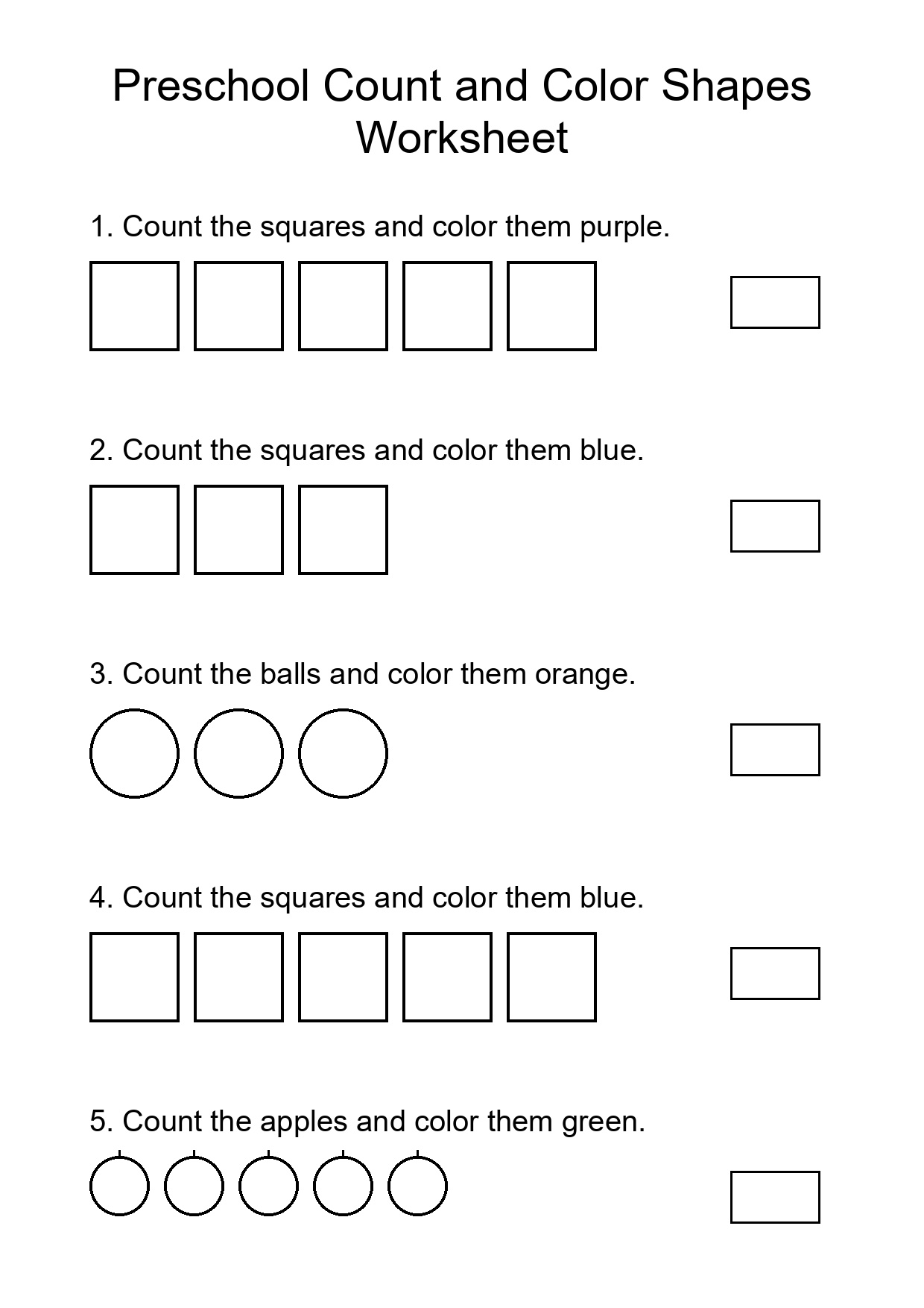 Preschool Count and Color Shapes Worksheet
