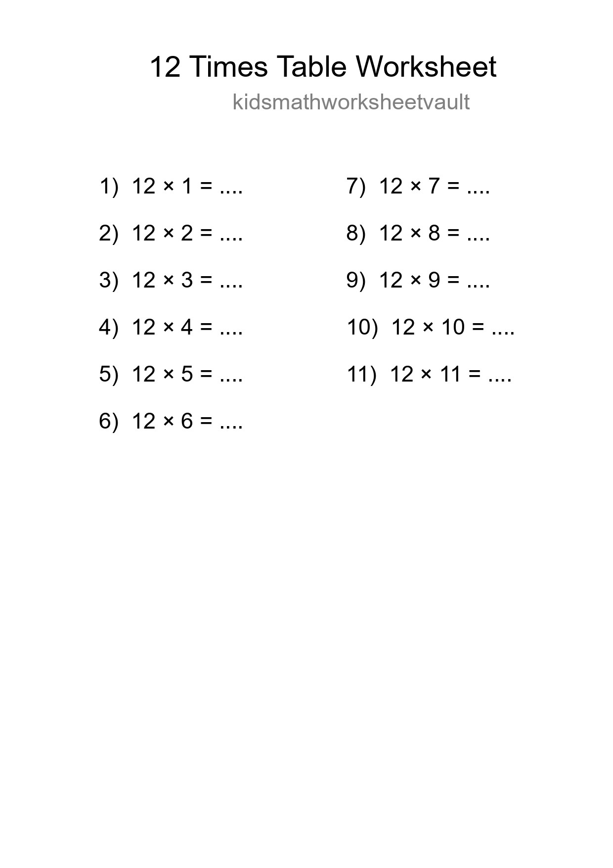 Printable 12 Times Table Worksheet For Grade 4 - Part 119