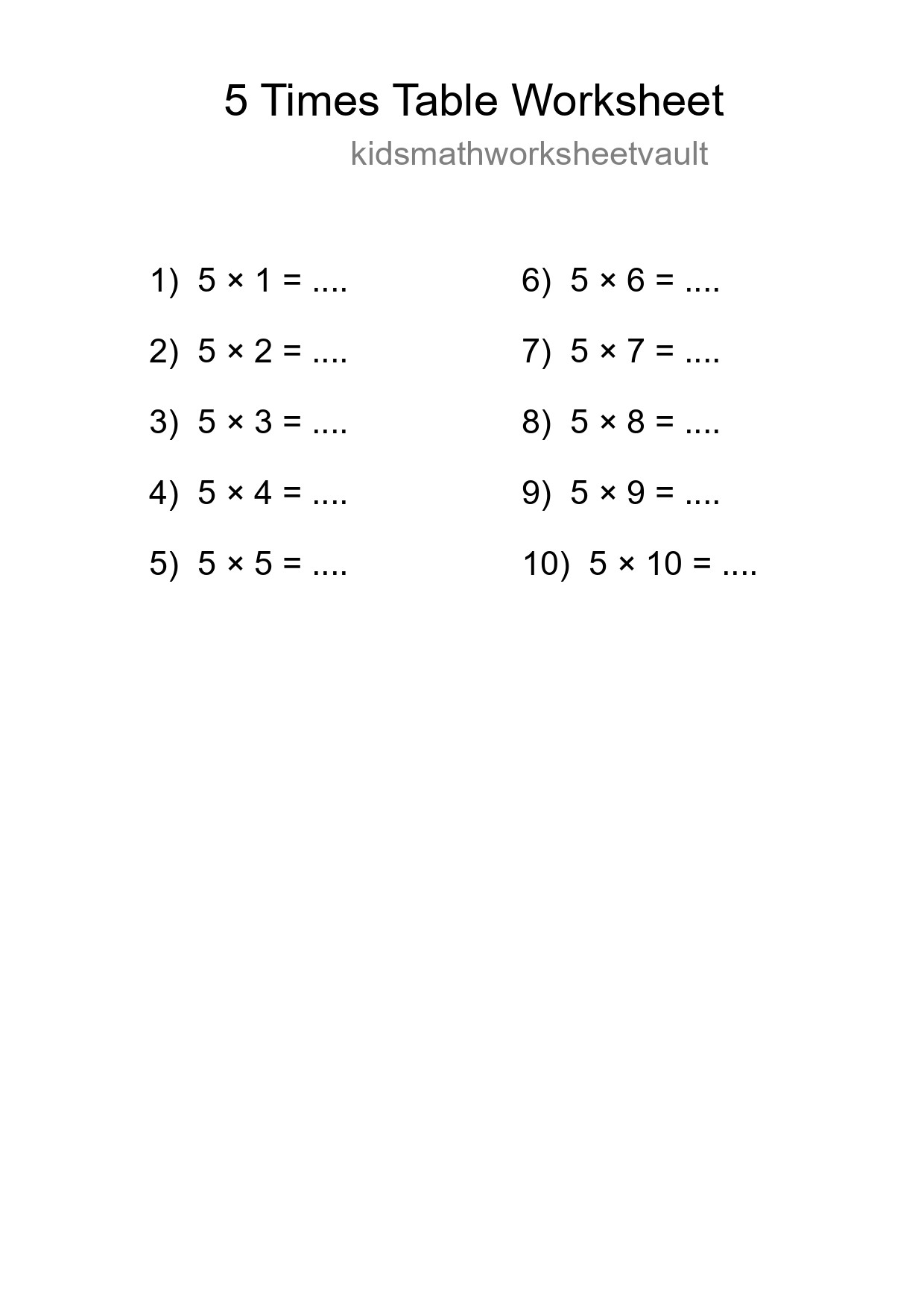 Printable 5 Times Table Worksheet For Grade 2 - Part 152