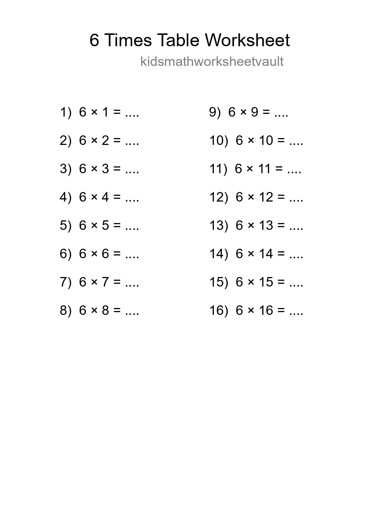 Printable 6 Times Table Worksheet For Grade 3 - Part 273