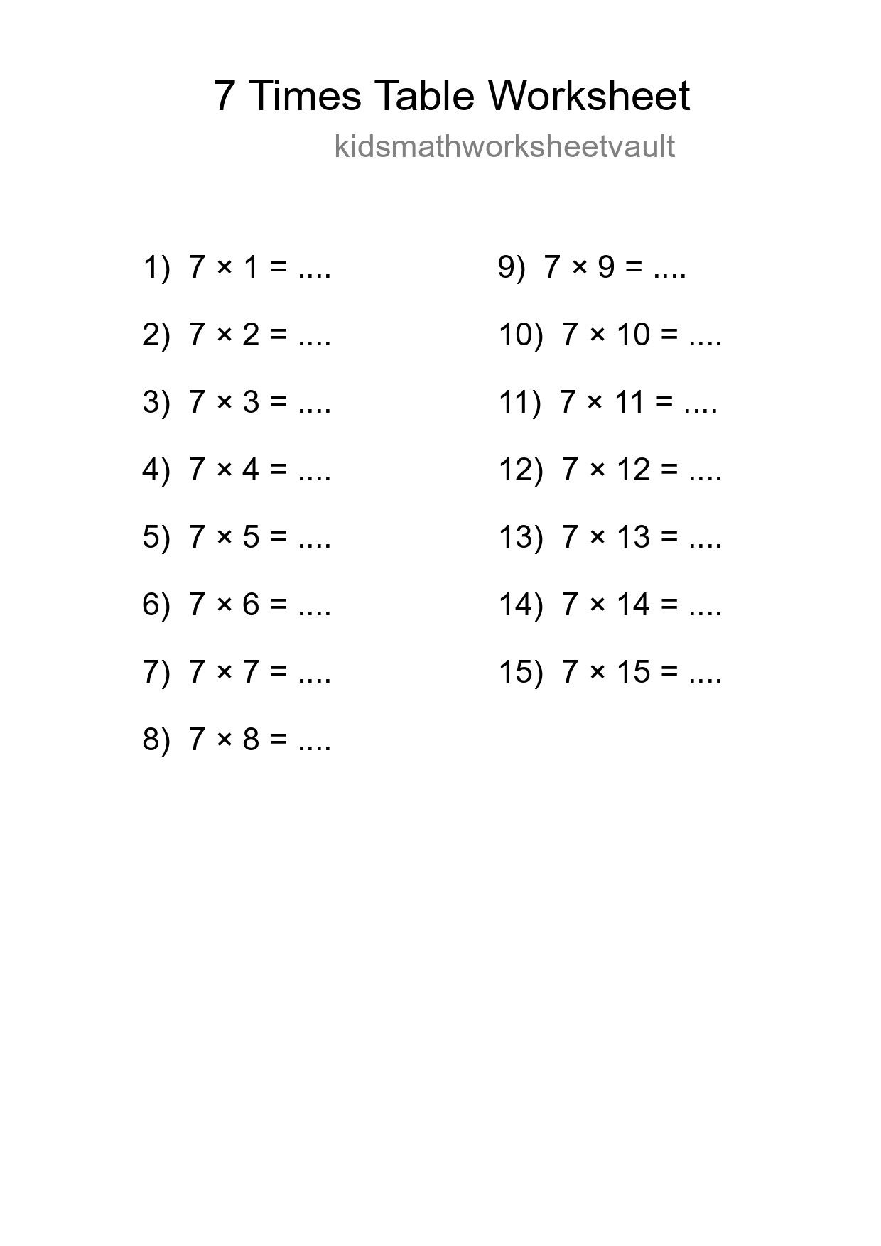 Printable 7 Times Table Worksheet For Grade 3 - Part 207