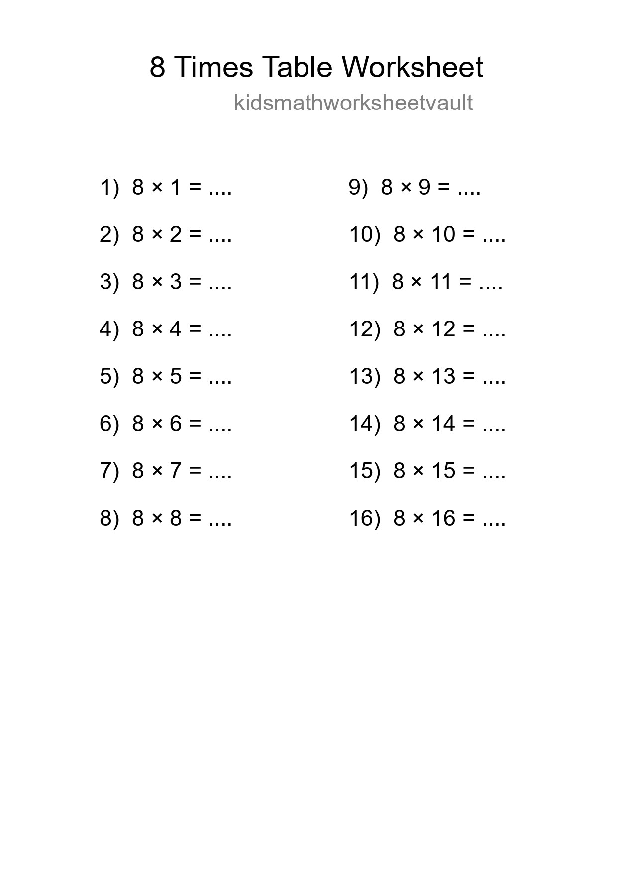 Printable 8 Times Table Worksheet For Grade 3 - Part 240