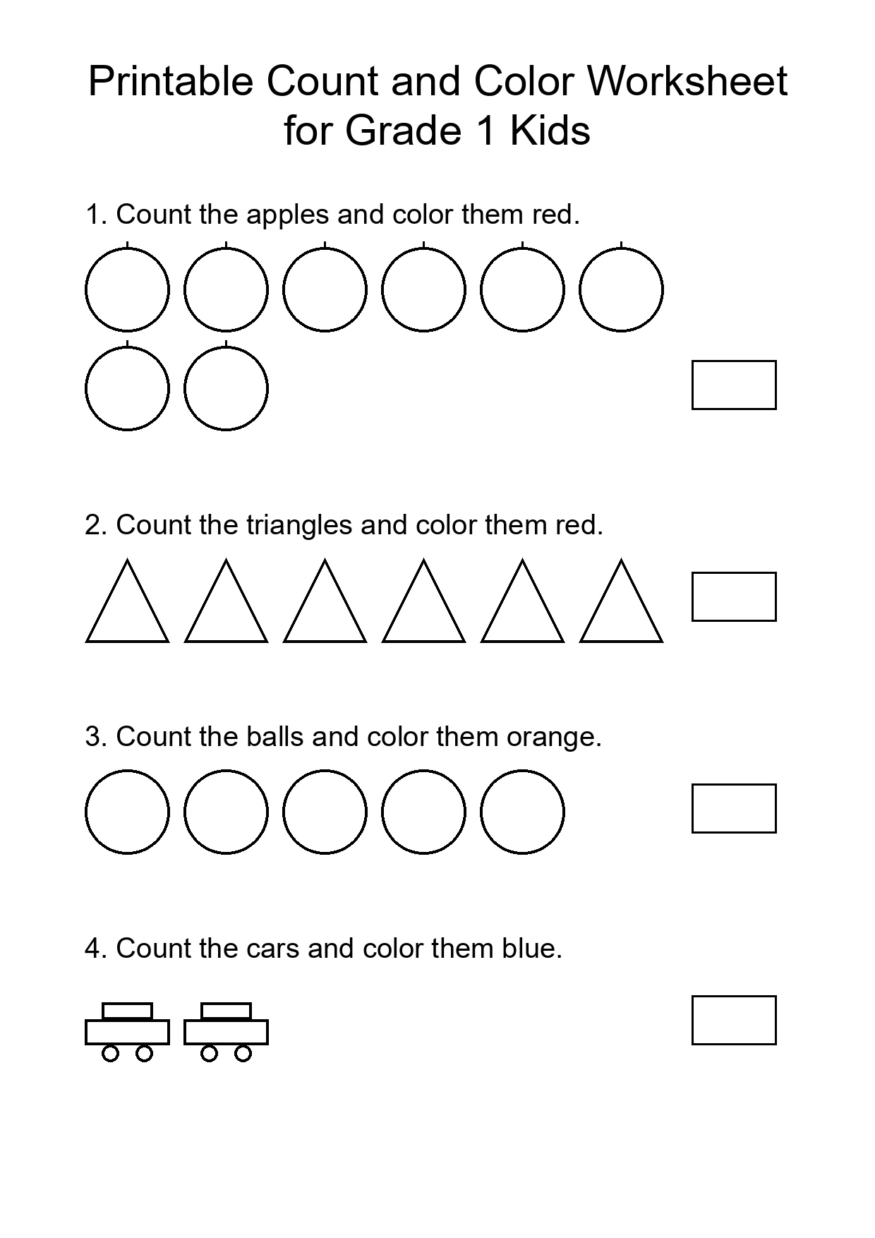 Printable Count and Color Worksheet for Grade 1 Kids