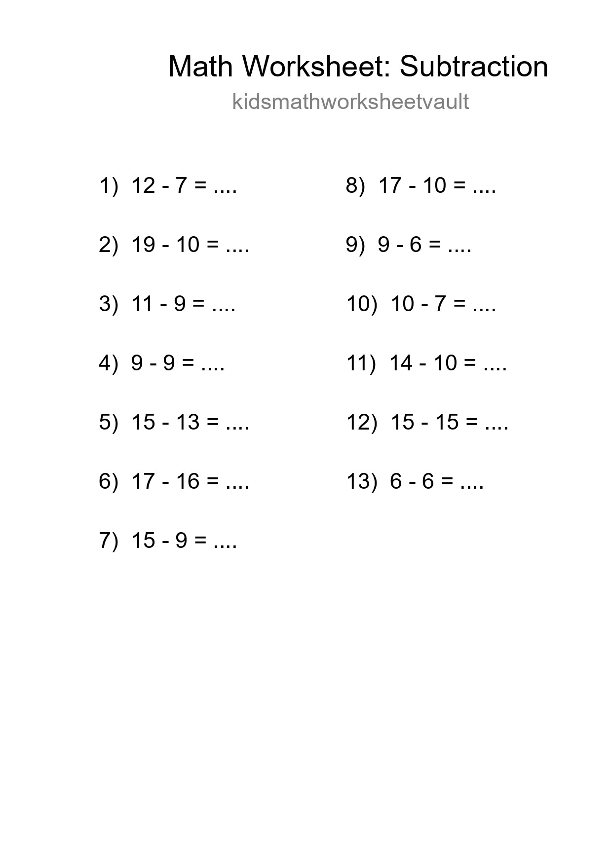 Printable Free 13 Subtraction Math Worksheet For Grade 2 - Part 261