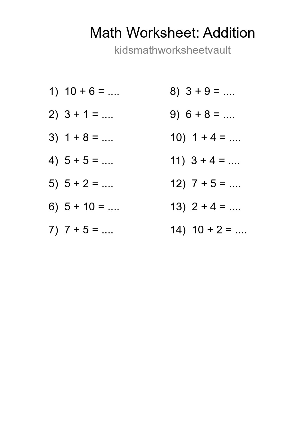 Printable Free 14 Addition Math Worksheet For Grade 1 - Part 265