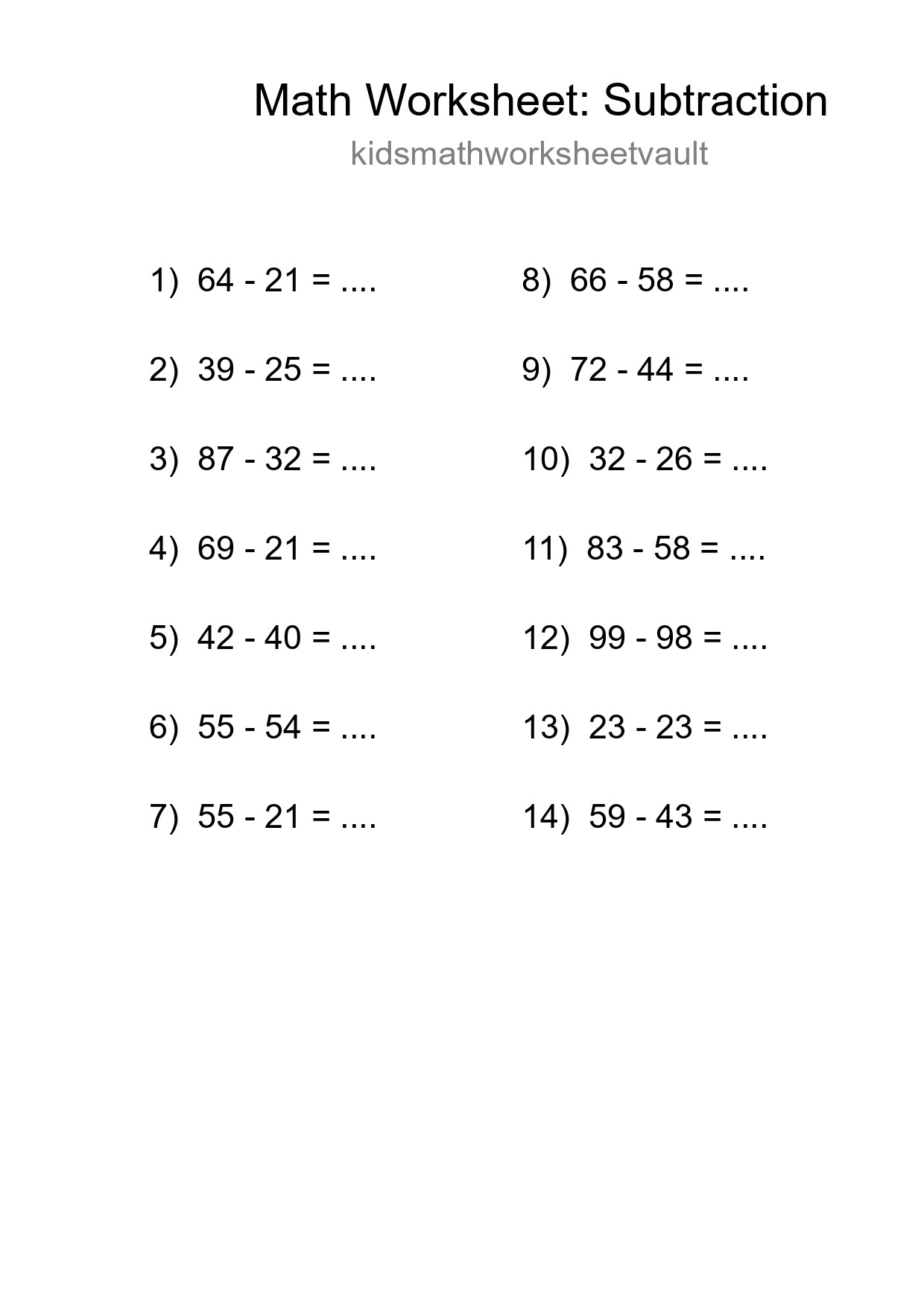 Printable Free 14 Subtraction Math Worksheet For Grade 3 - Part 118