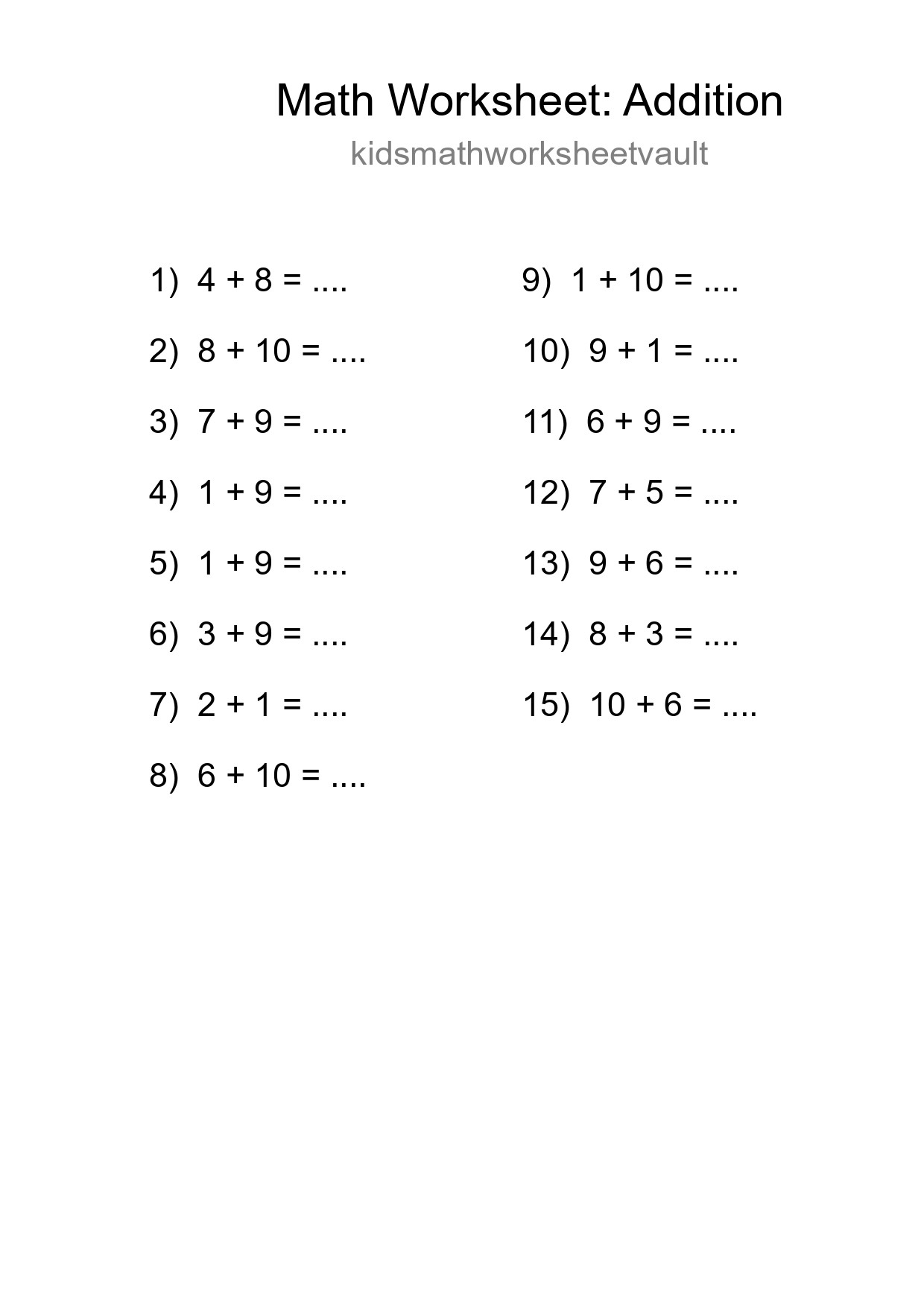Printable Free 15 Addition Math Worksheet For Grade 1 - Part 254