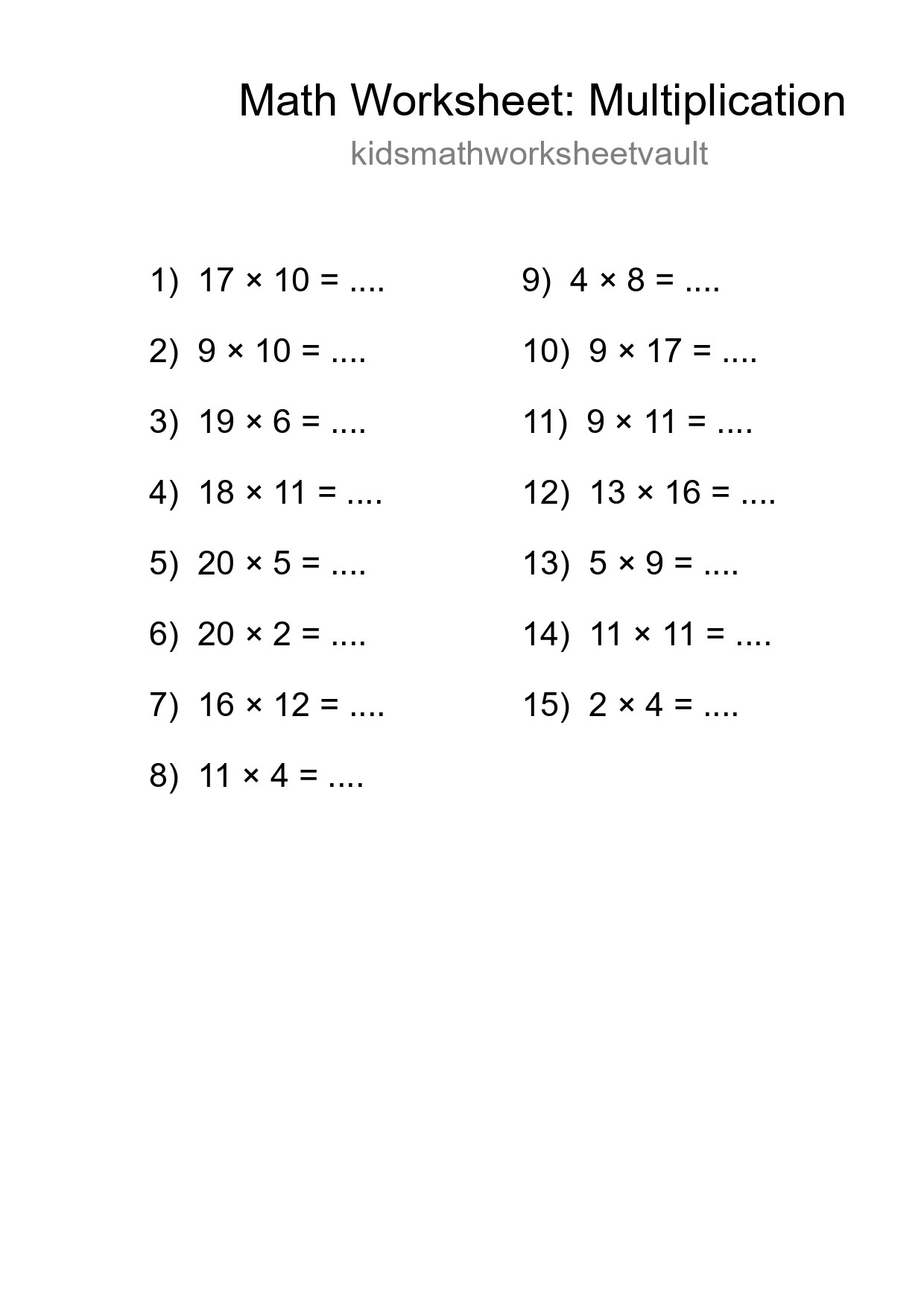 Printable Free 15 Multiplication Math Worksheet For Grade 2 - Part 128