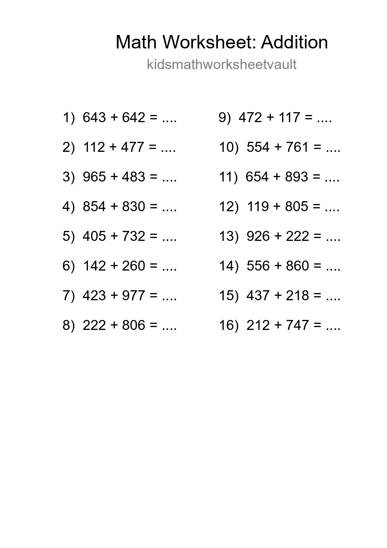 Printable Free 16 Addition Math Worksheet For Grade 5 - Part 111