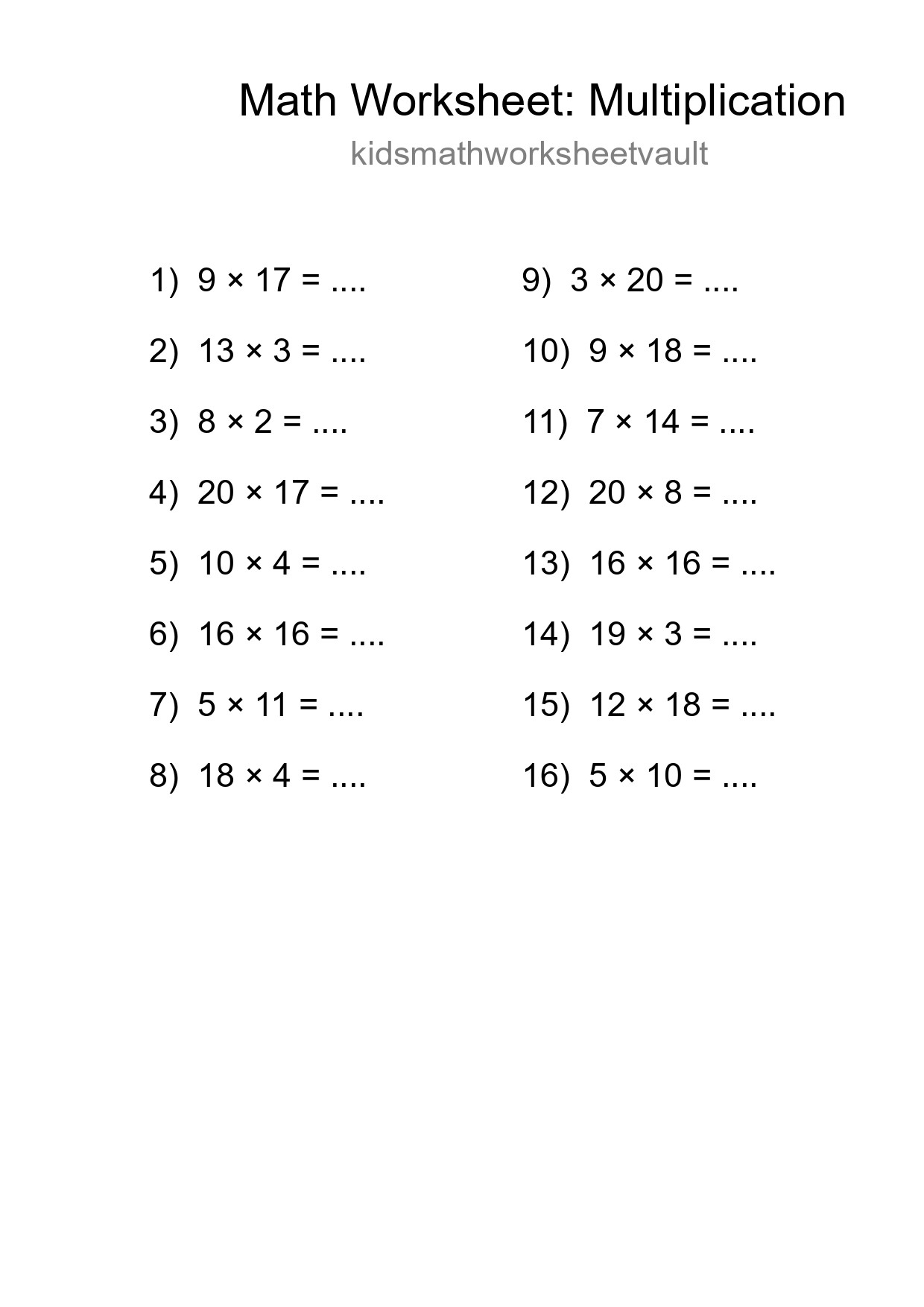 Printable Free 16 Multiplication Math Worksheet For Grade 2 - Part 293